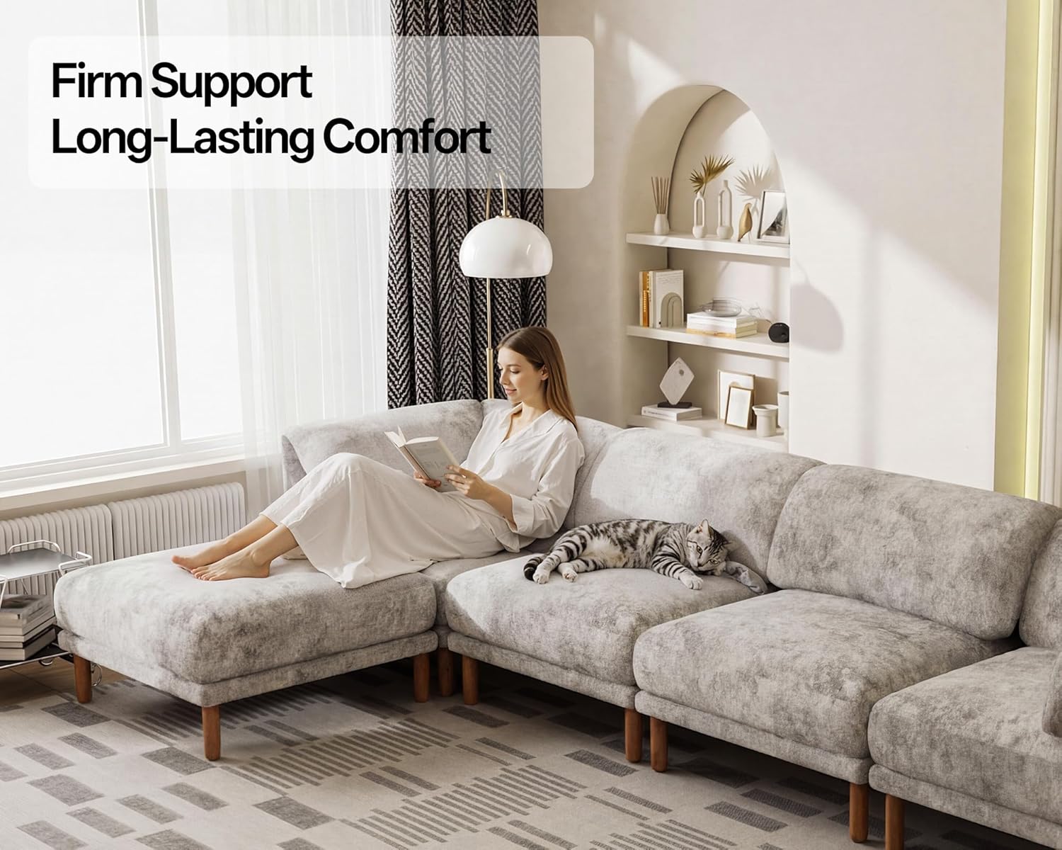 Modular Sectional Sofa, High-Leg Design Solid Wood Frame Mid Century Couch, Deep Seat 6 Seater L Shaped Comfy Couch,Free Combination Sectional Couches for Living Room Gray