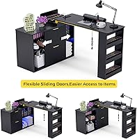 Vista 6 de Mesa de manicura con luz LED, mesa de uñas en forma de L con colector de polvo y tomas de corriente, estación de uñas de esquina de longitud