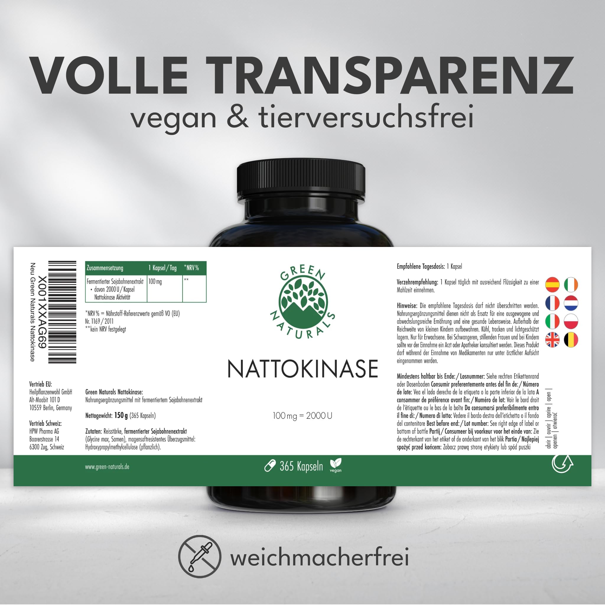 Green Naturals Nattokinase – Hochdosiert: 100 mg – 365 Kapseln | 2.000 FU pro Kapsel (20.000 FU/g) · Aus fermentiertem Soja (Natto) · 12-Monatsvorrat