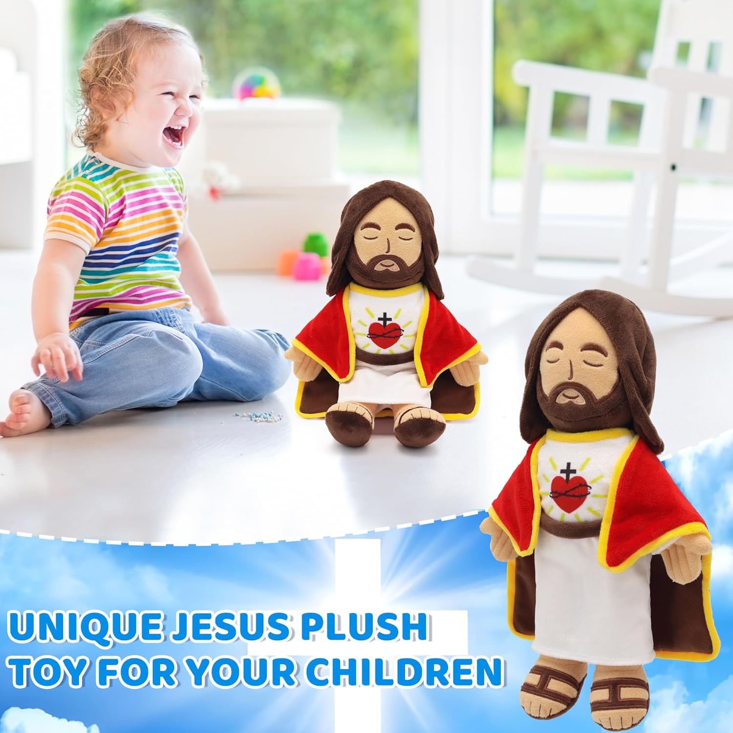 Yelakey 13.4" Jesus Plush Doll for Kids Jesus Plushie with Red Gold-Trimmed Shawl Christian Religious Gift for Christening & Easter Decoration (Red)