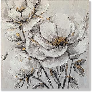 RICHSPACE ARTS Large Floral Wall Art for Living Room White Magnolia Pictures Grey and Gold Flower Painting Botanical Artwork 24x24