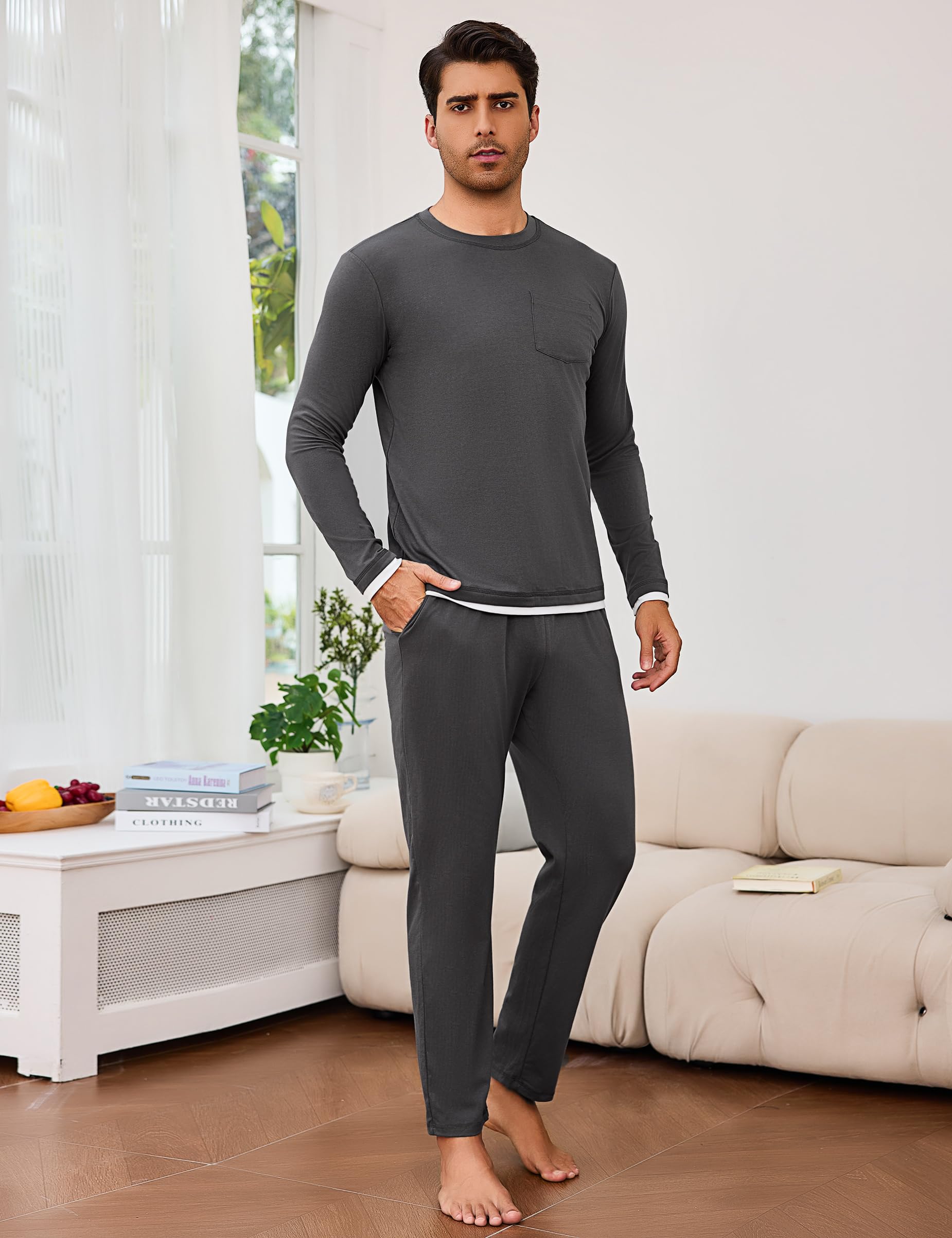 Litherday Pigiama Uomo Invernale Cotone Lungo Pajamas Due Pezzi Maniche Lunghe Pantaloni Lunghi Pigiami Morbido Loungewear con Tasche