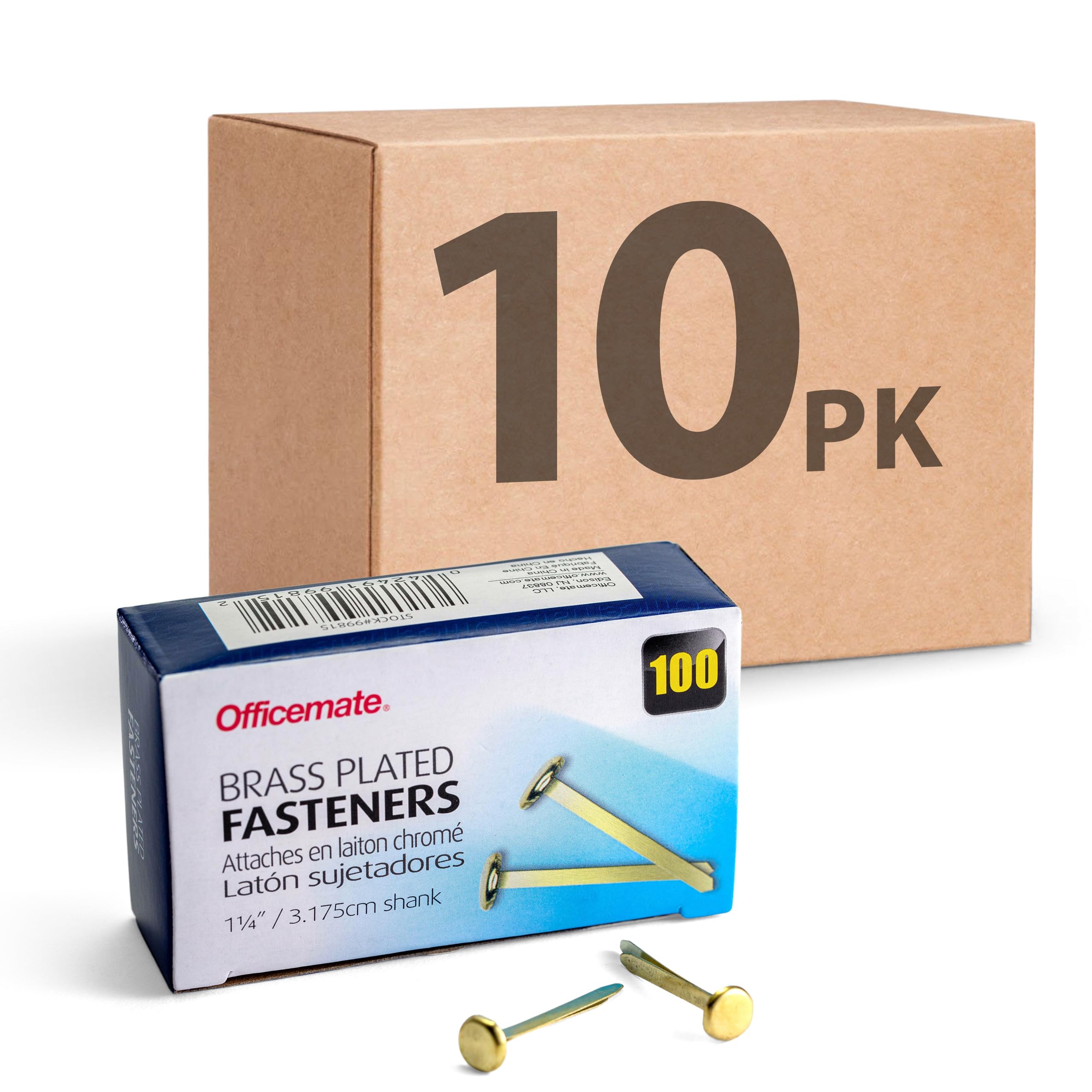 Photo 1 of Officemate Brass Plated Fasteners, 1.25-Inch Length, 0.375-Inch Head, 100 per Box, 10 Pack (998150)