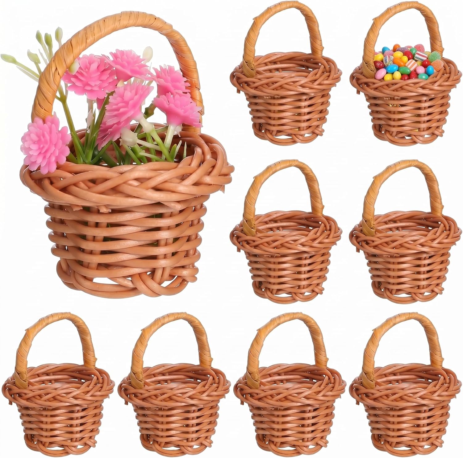 DOITOOL 10 Pack Mini Woven Baskets with Handles, Miniature Rattan Flower Basket for Dollhouse, Wedding Party Favors, Arts and Crafts, School Projects, 1.18 x 1.77 x 2.55 inch