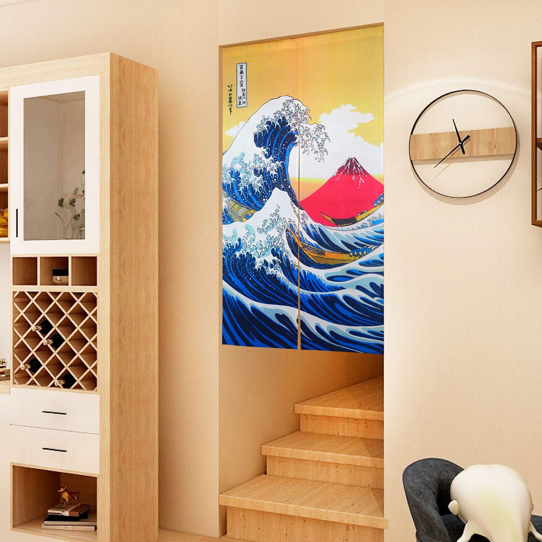 LIGICKY - Tenda giapponese Noren Ukiyoe Hokusai The Great Wave off Kanagawa Mount Fuji, arazzo da appendere alla porta, 85 x 150 cm