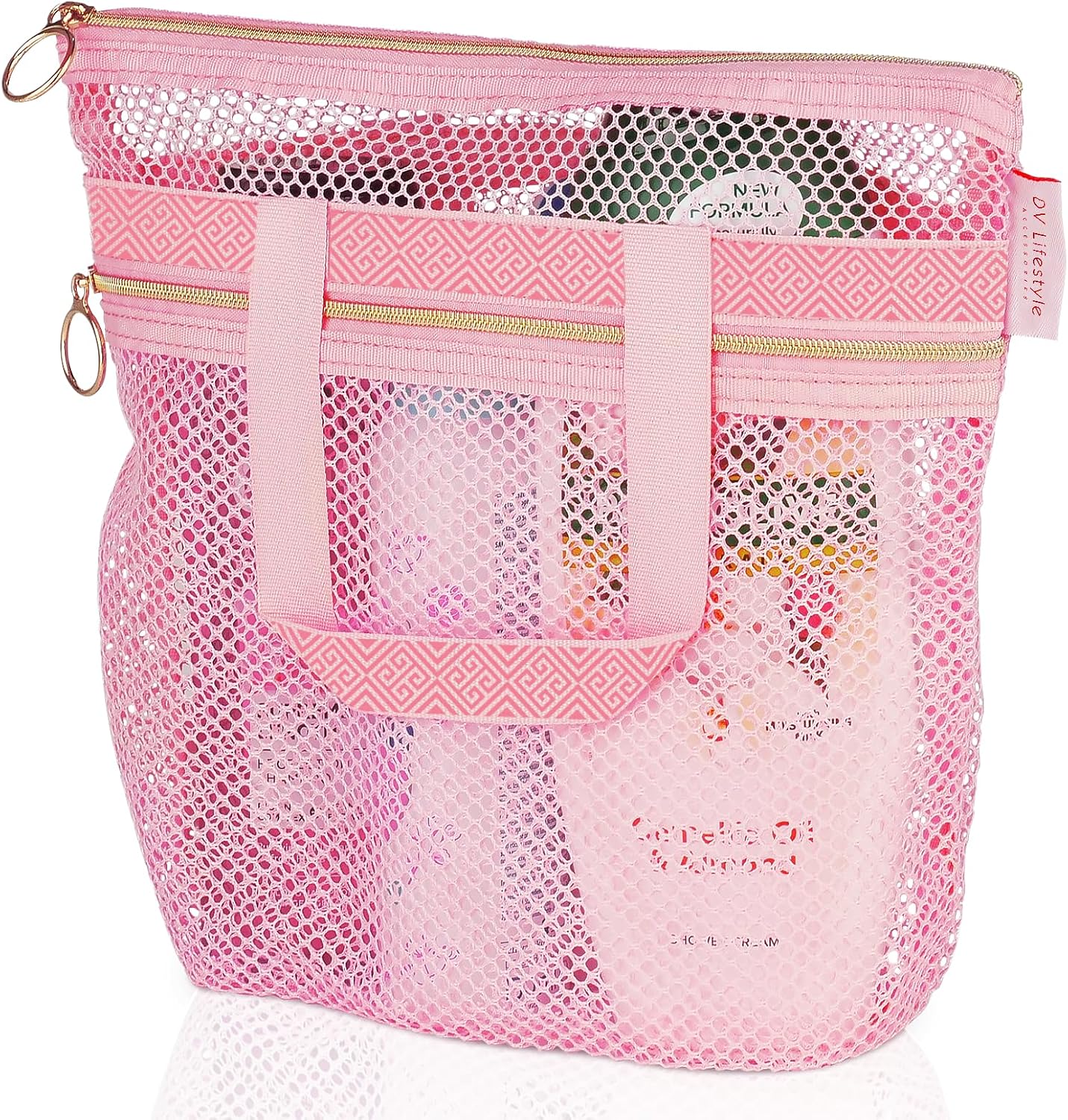 Mesh Shower Bag 10.2x9.9'' Quick-Dry Caddy with Zipper & 2 Pockets. Portable Toiletry Tote for Bathroom, Gym, Travel, Camp, Beach, for Sunscreen, Dorm & College Essentials (Pink)