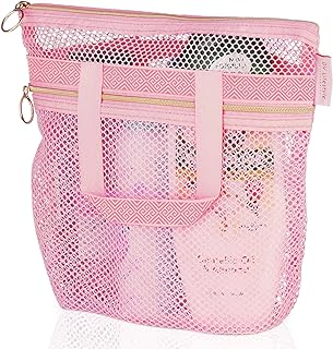DV Lifestyle Mesh Shower Bag 10.2x9.9'' Quick-Dry Caddy with Zipper & 2 Pockets. Portable Toiletry Tote for Bathroom, Gym, Travel, Camp, Beach, for Sunscreen, Dorm & College Essentials (Pink)