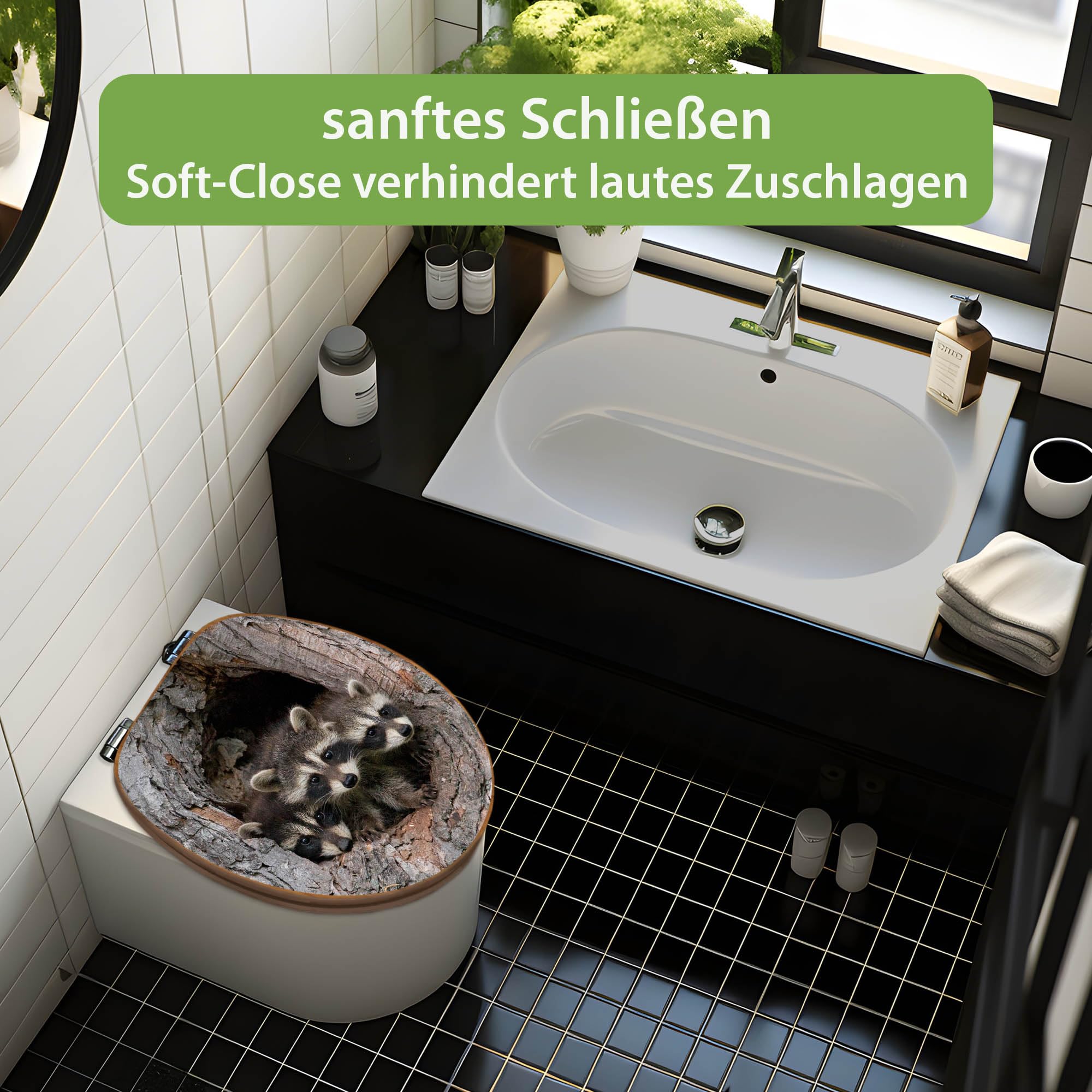 banjado Design WC Sitz Bambus Absenkautomatik 45,8x37,5cm - Toilettendeckel mit Absenkautomatik Holz - hochwertiger Bambus Klodeckel - WC-Sitz für gängigen Toiletten - Motiv Drei Waschbären