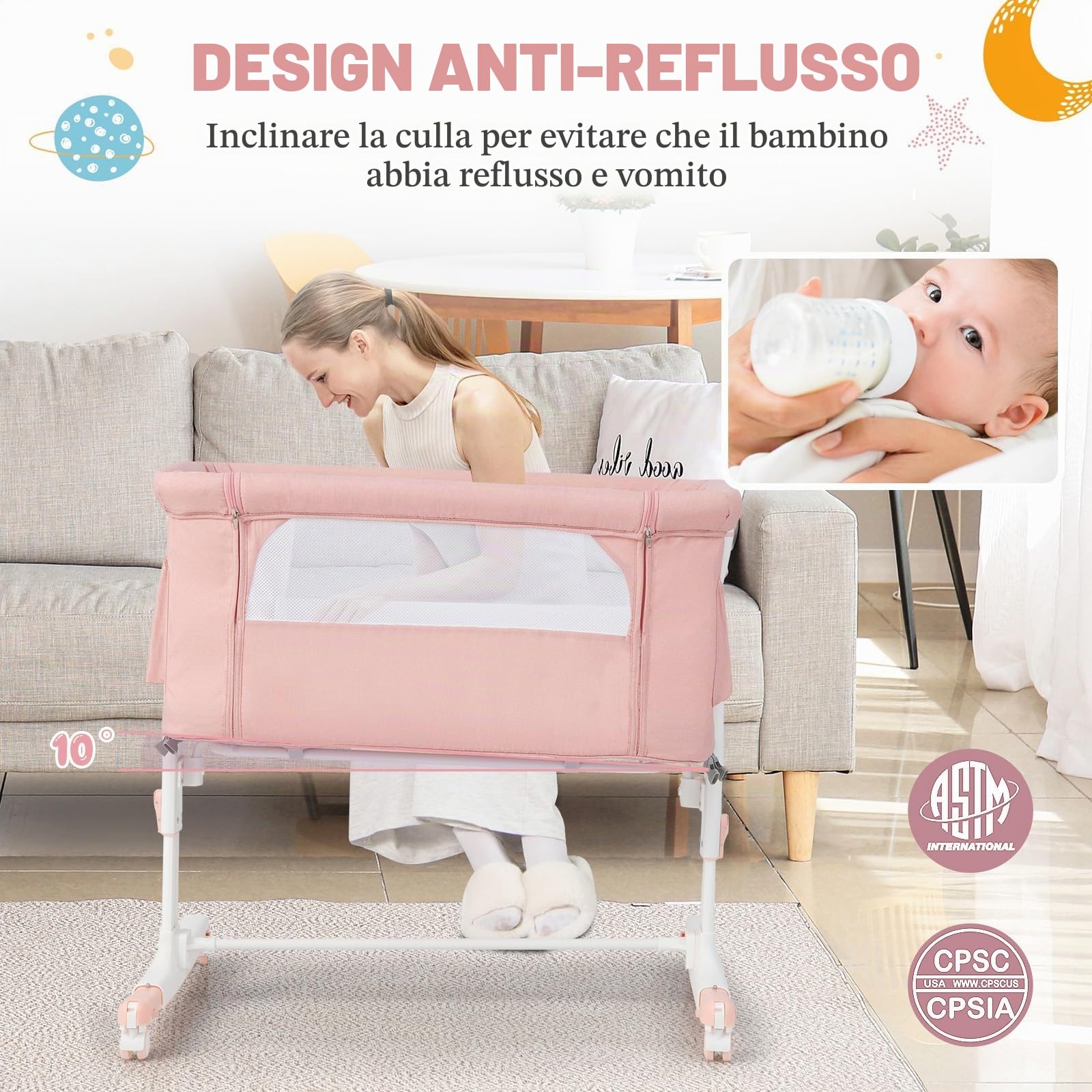 LIFEZEAL 3 in 1 Lettino con Materasso Laterale Regolabile in 5 livelli, Culla per Neonato da Viaggio Mobile su Ruote con Tasca e Borsa per Trasporto (rosa)