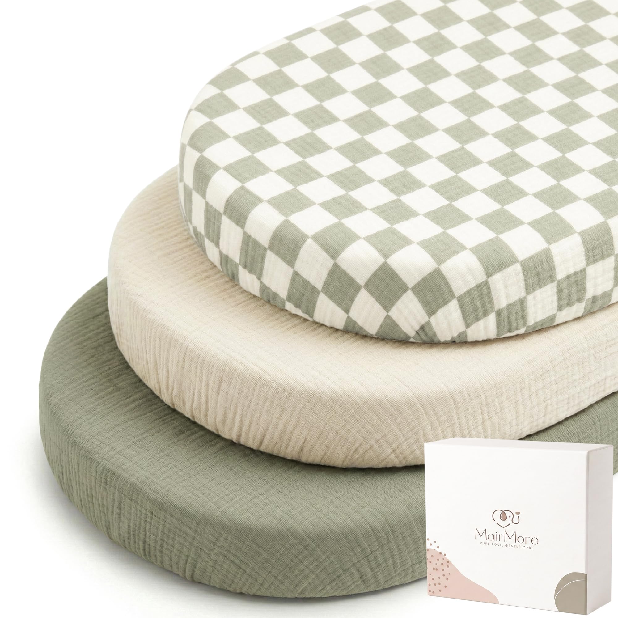 MairMore 3 Pack Muslin Baby Bassinet Sheets for Bedside Sleepers | Soft &amp; Breathable, 100% Cotton, Full Elastic Fit, for Moses Basket, Oval Rectangle Pad and Mattress (Green Chessboard)