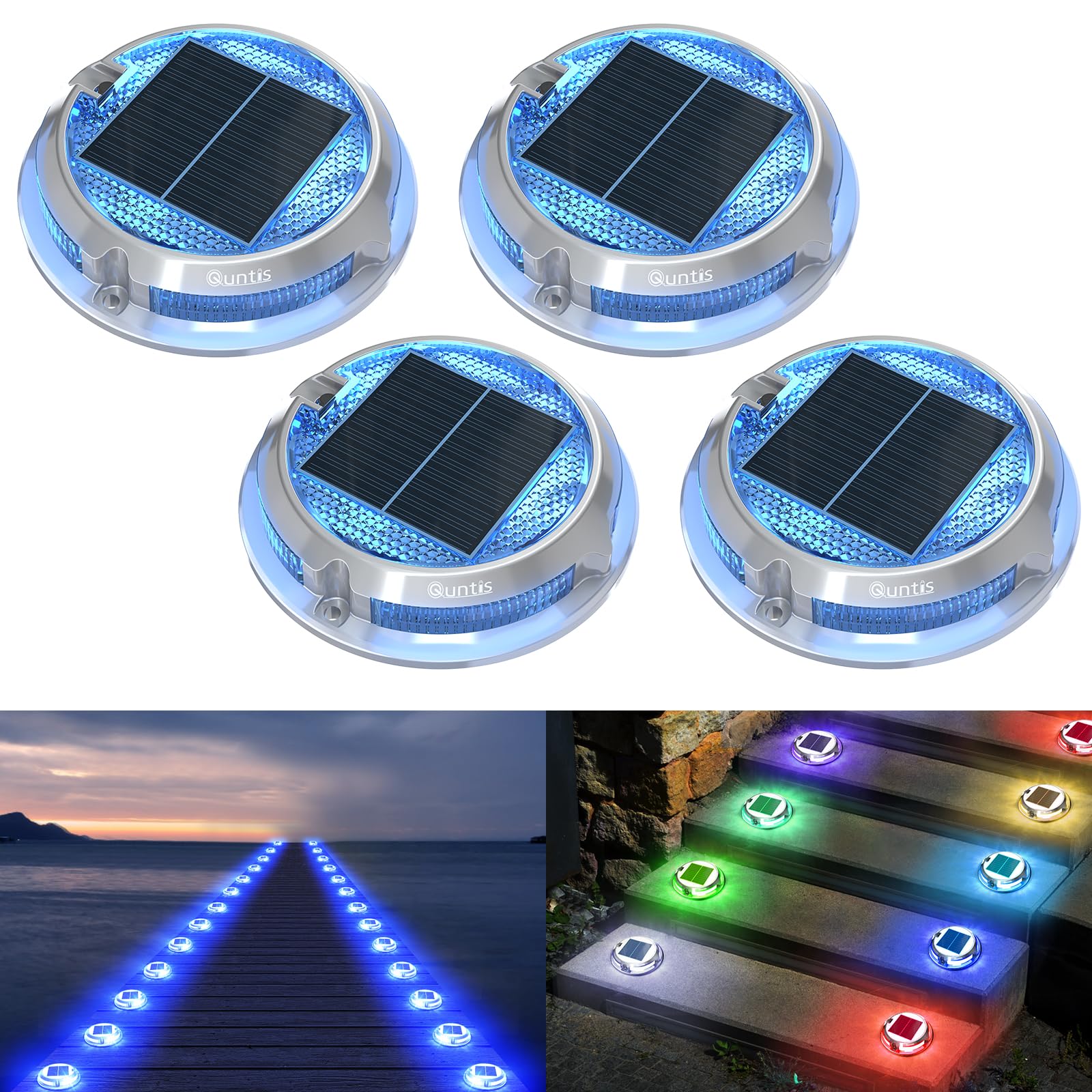 Quntis Solar Decking Lights Outdoor Garden 4 Pack, RGB Warm White Cool White 11 Lighting Modes