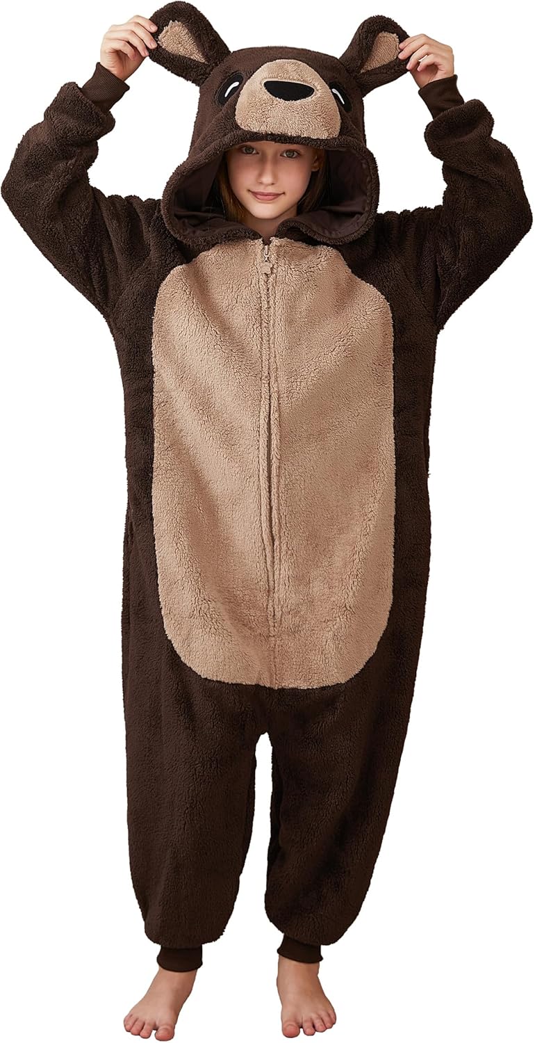 dressfan Kids Teens Fuzzy Bear Onesie Costume Animal Bear Halloween Costume Brown S(4'9"-5'1")