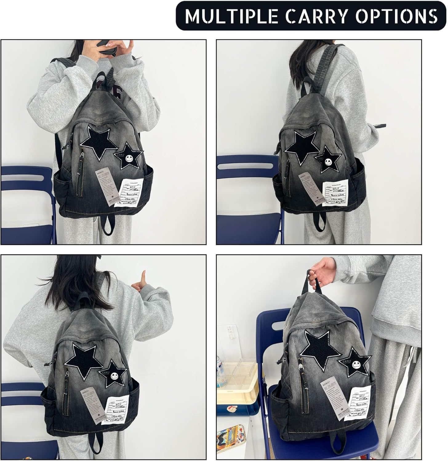 Y2K Aesthetic Backpack for Women, Vintage Grunge Design, Solid Color with Star Skull Accents, Lightweight for Travel, Concerts, Shopping (Black) - Image 3