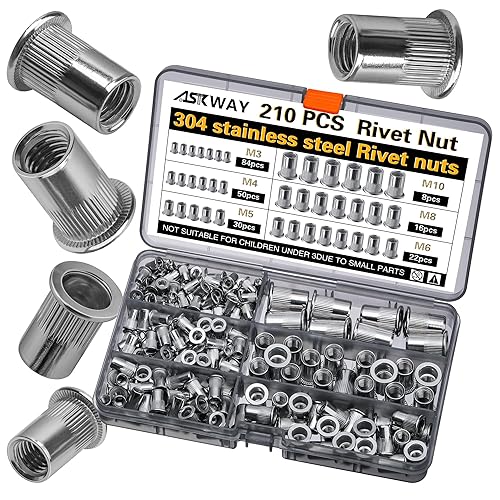 Kit de tuercas remachables de acero inoxidable, 210 piezas, combinación de tuercas remachadoras de presión de acero inoxidable 304, adecuado para