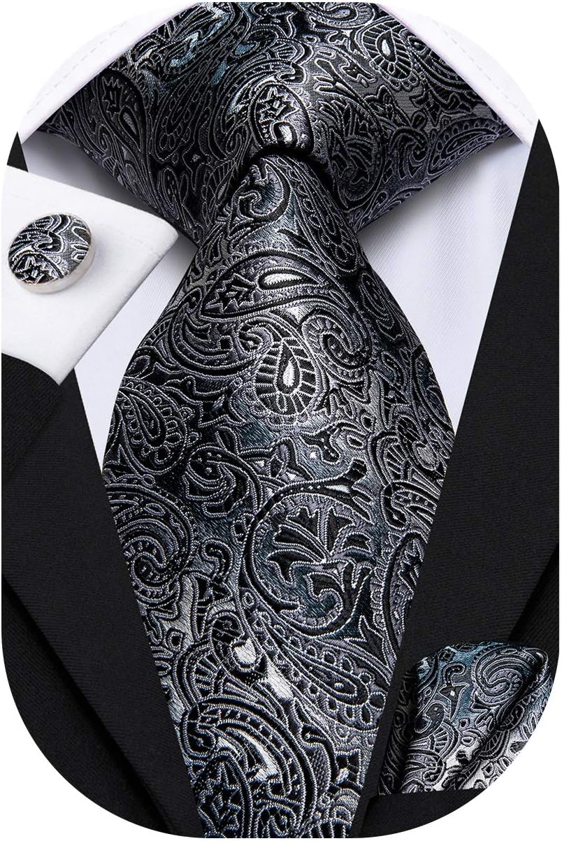Silk Ties for Men Plaid Paisley Striped Necktie Pocket Square Cufflinks Set Formal Business