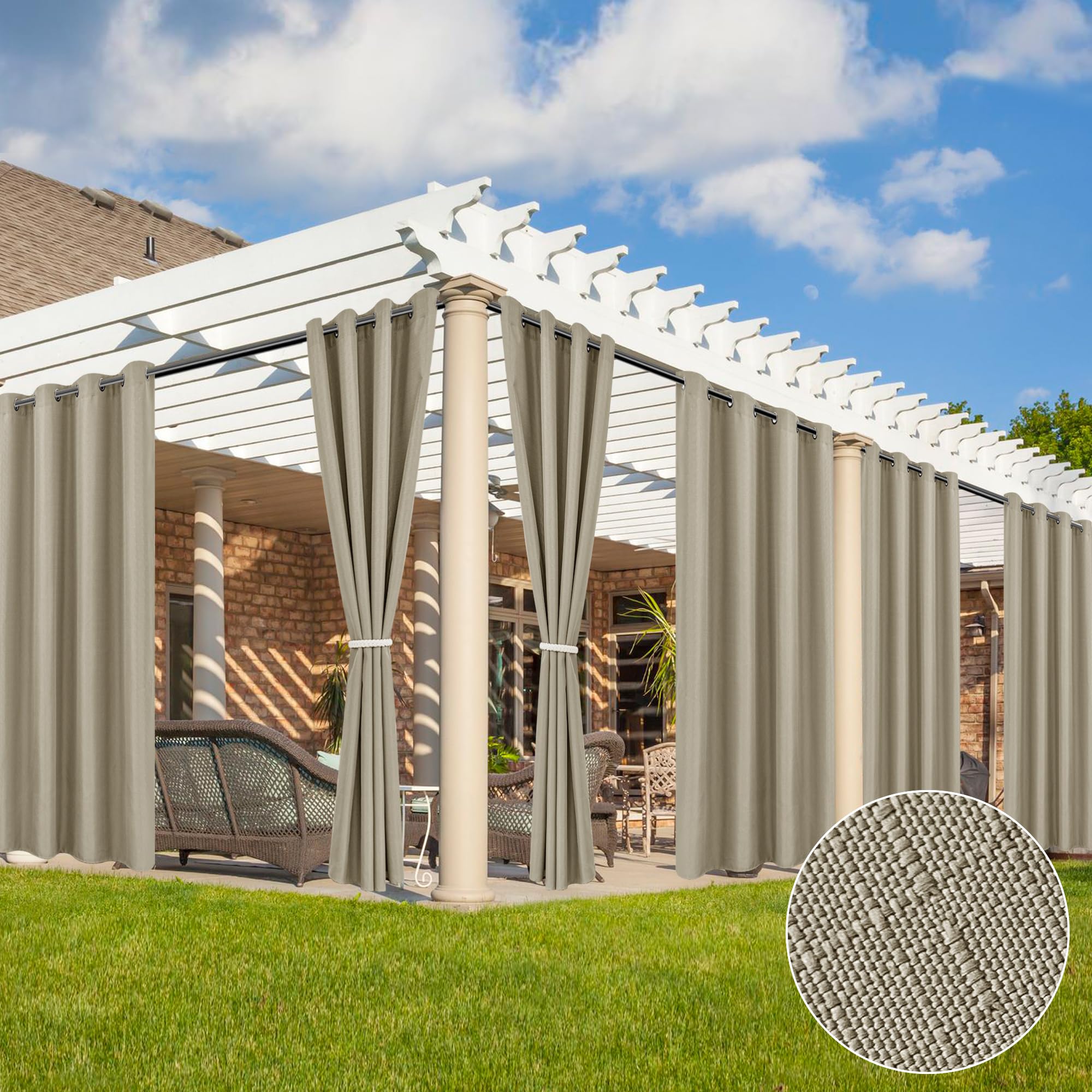 HolidayIdeas 6 Panels Linen Outdoor Curtains for Patio Waterproof Taupe Outside Curtains 54"x95"-Indoor/Outdoor Gazebo Curtains Weighted Weatherproof,