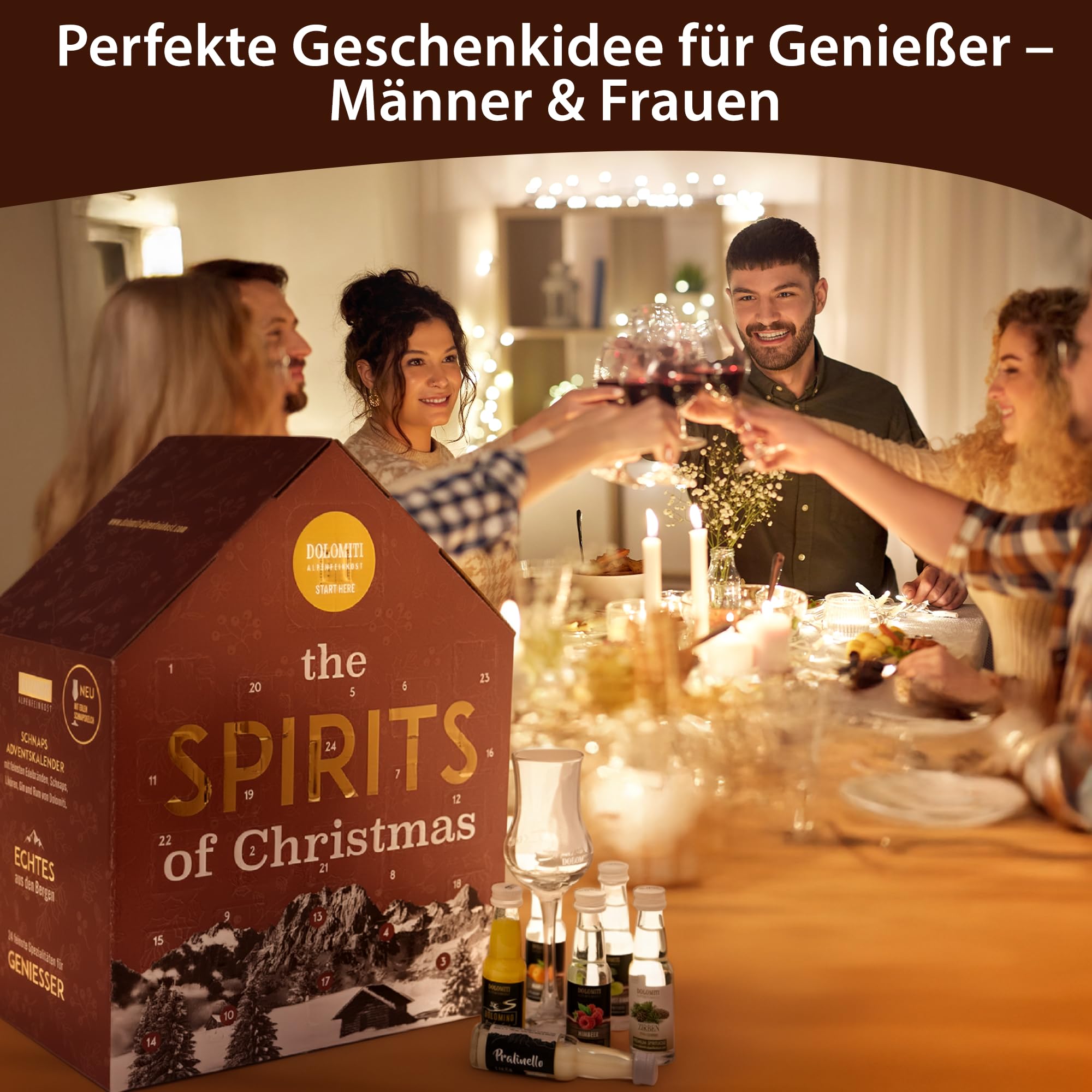 Schnaps- und Likör Adventskalender 2025 von Dolomiti - Geschenk-Idee für Genießer. Gin, Rum, Wodka und Wermut, Edelbrände, Schnäpse und Liköre. Schnaps Adventkalender in festlichem rot.