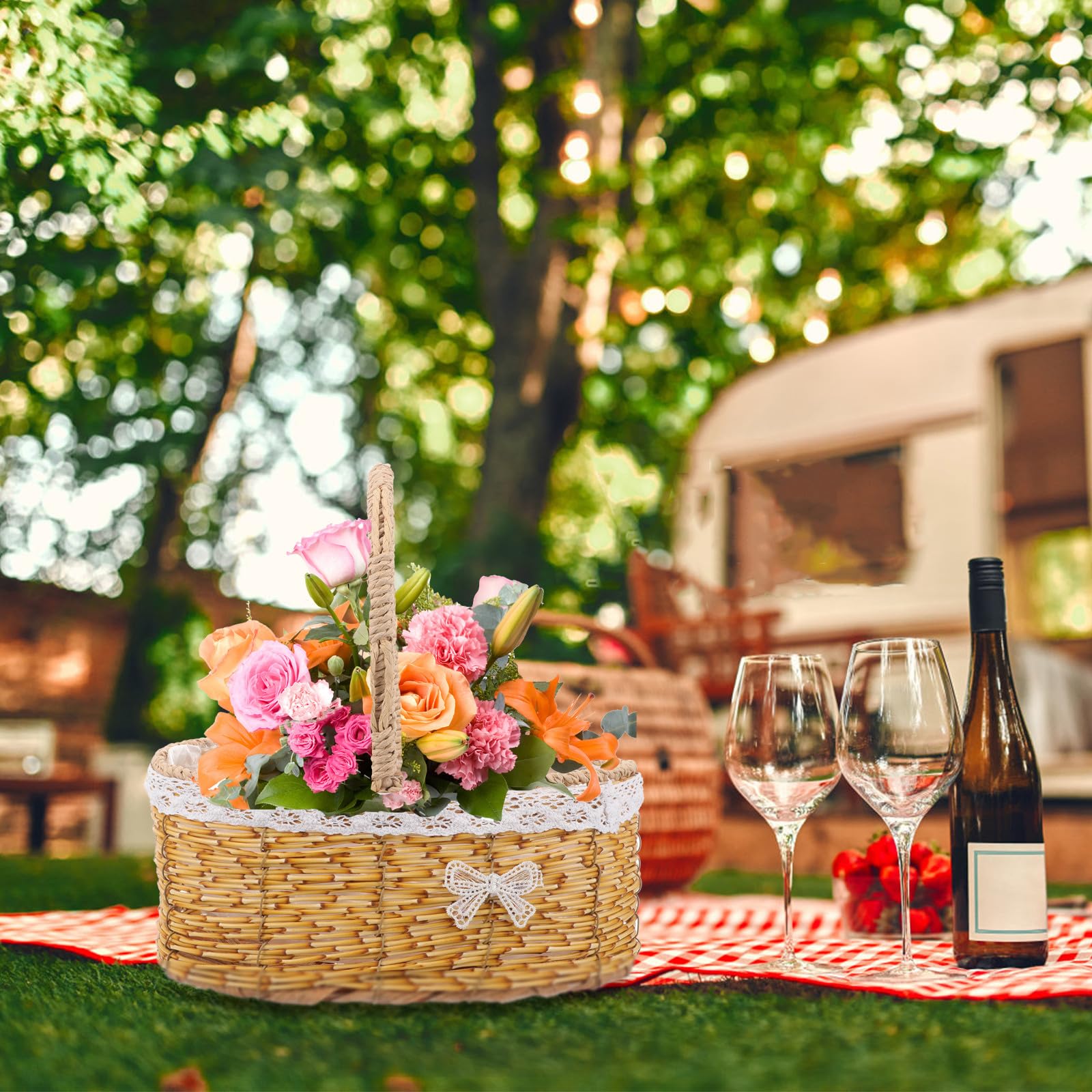 NUOBESTY Tragbarer Geflochtener Blumenkorb mit Einzigartigem Design und Leichtem Pp Material Eleganter Dekorativer Blumenmädchenkorb für Hochzeit und Balkon