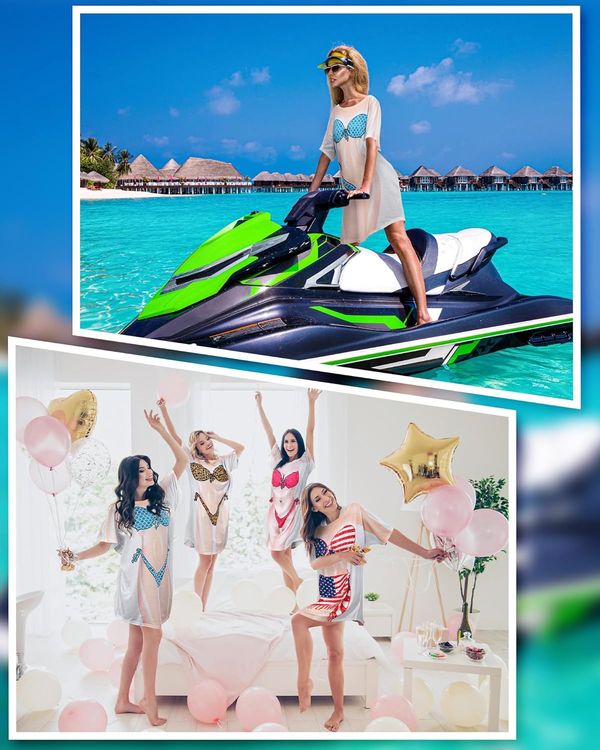Jeyiour 4 Pcs Women's Bikini Shirt Cover up Short Sleeve Funny Bikini Print Dress Swimsuit Baggy T Shirt Swimwear for Women
