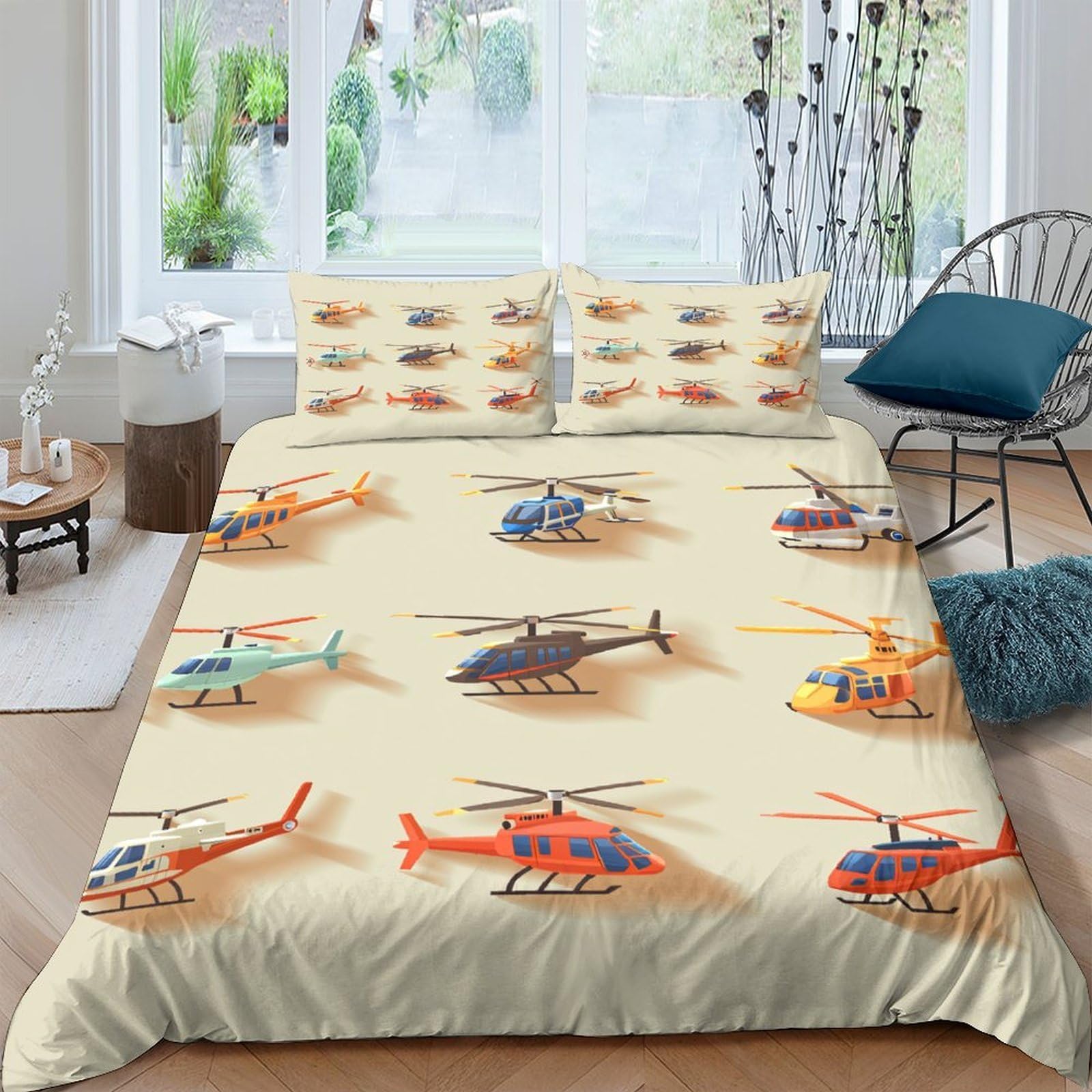 TUFRTGYHN 3D Printed Helicopter Pattern Duvet Cover Set Microfiber Soft Breathable Aircraft Bedding with 2 Pillowcases for Bedroom Decor Single（135x200cm）