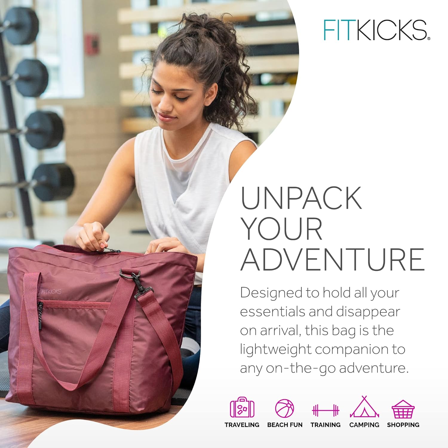 FITKICKS Hideaway Packable Duffle, Large Duffle Bag for Travel, Burgundy