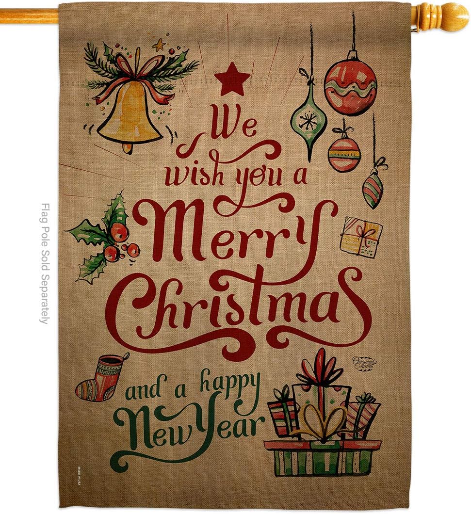 Merry Christmas and Happy New Year House Flag Dowel Set Wintertime Santa Marry Xmas Present Reindeer Season Snow Small Decorative Gift Yard Banner Made In USA 28 X 40