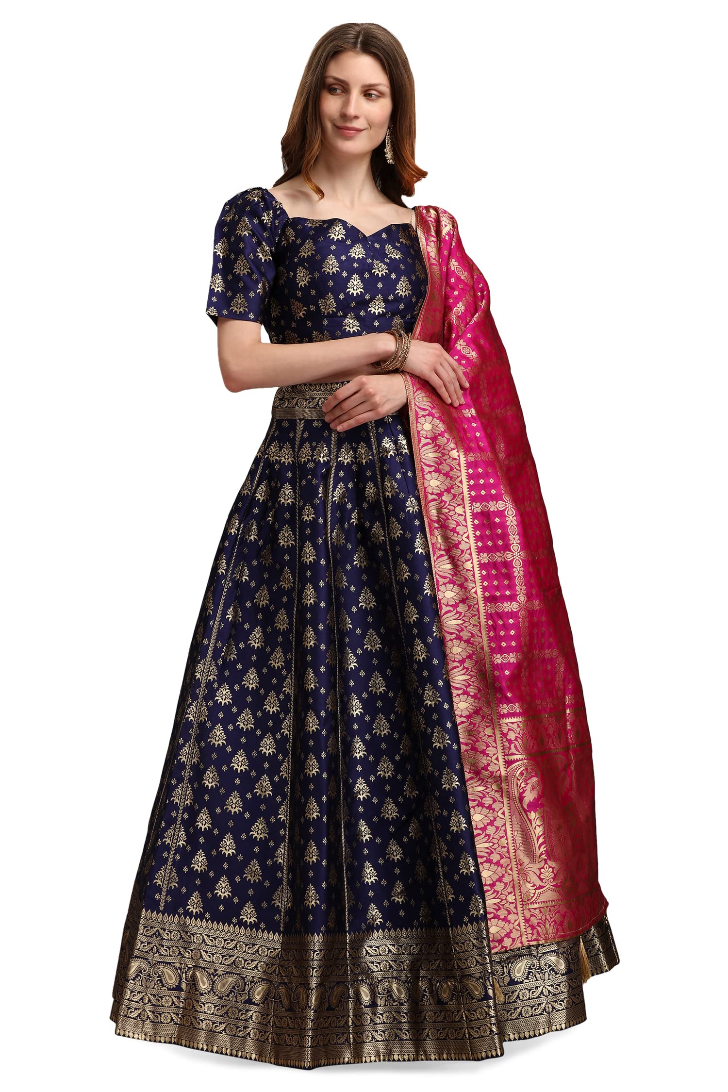Purvaja Women's Jacquard Semi-Stitched Lehenga Choli (Trisha-Navy Blue_Navy Blue_Free Size)