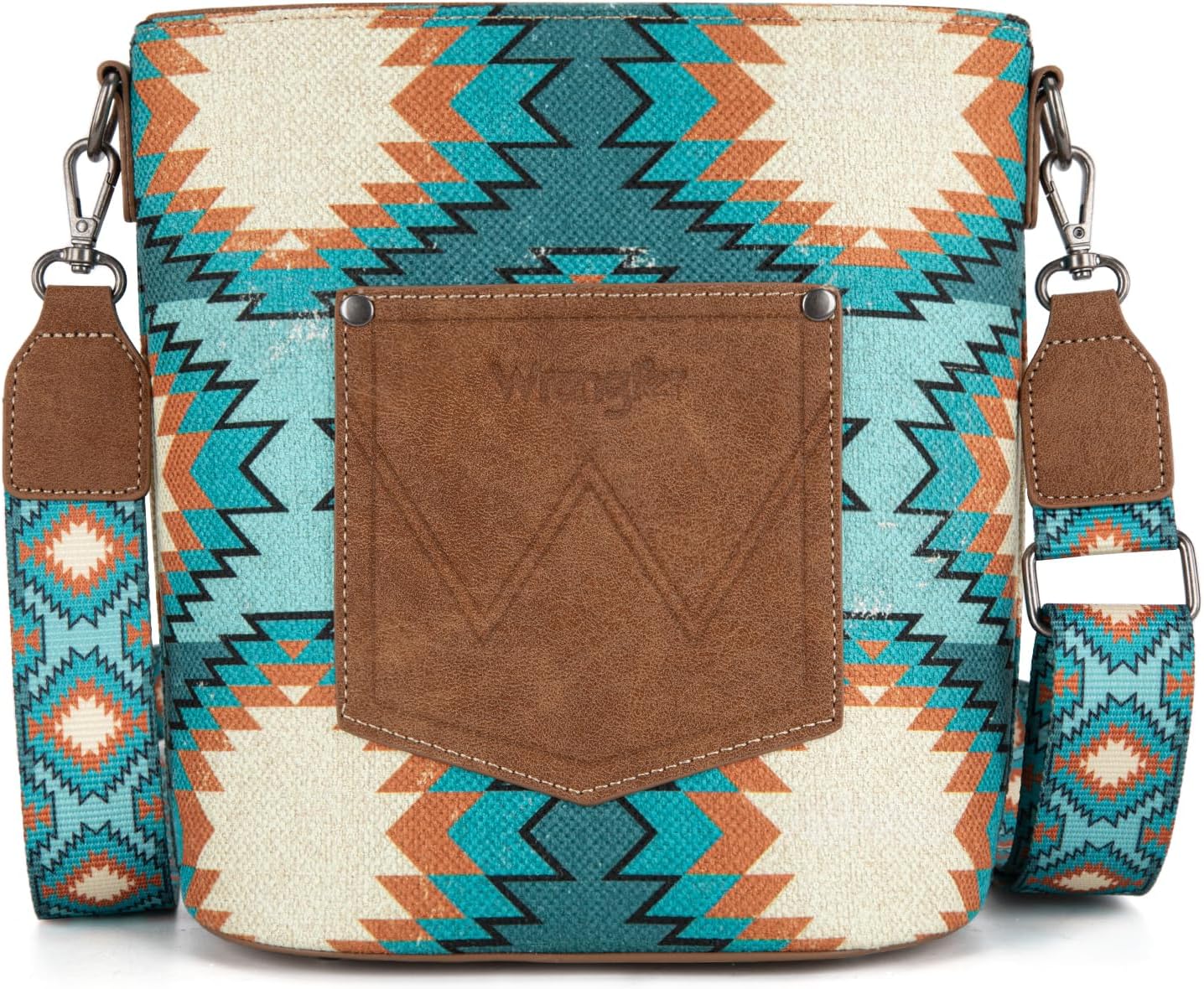 Wrangler Aztec Crossbody Bags for Women Southwestern Print Canvas Shoulder Purse with Distressed Look and Adjustable Strap