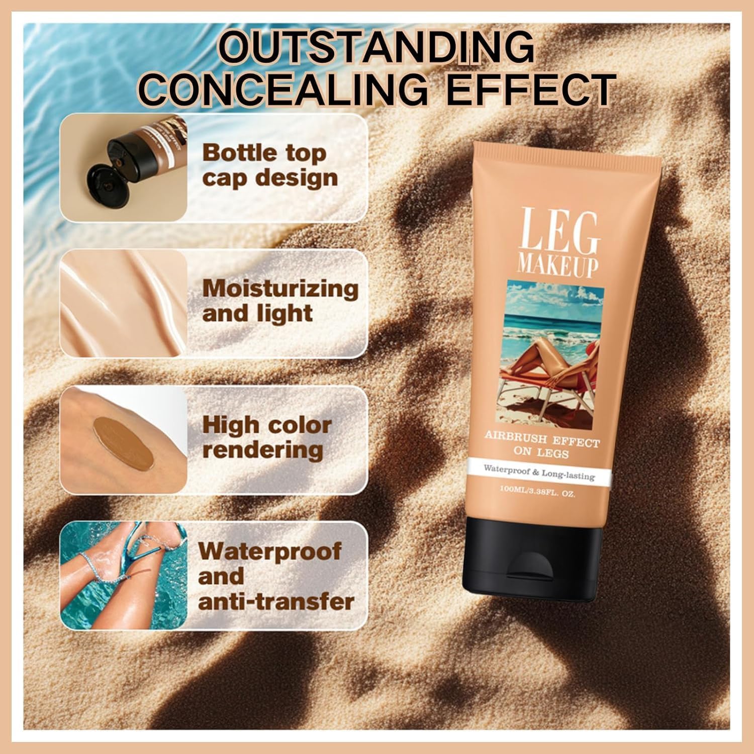 Correttore corpo perfetto, resistente all'acqua e al sudore, offre una copertura completa per gambe e tatuaggi, lunga durata, finish naturale.