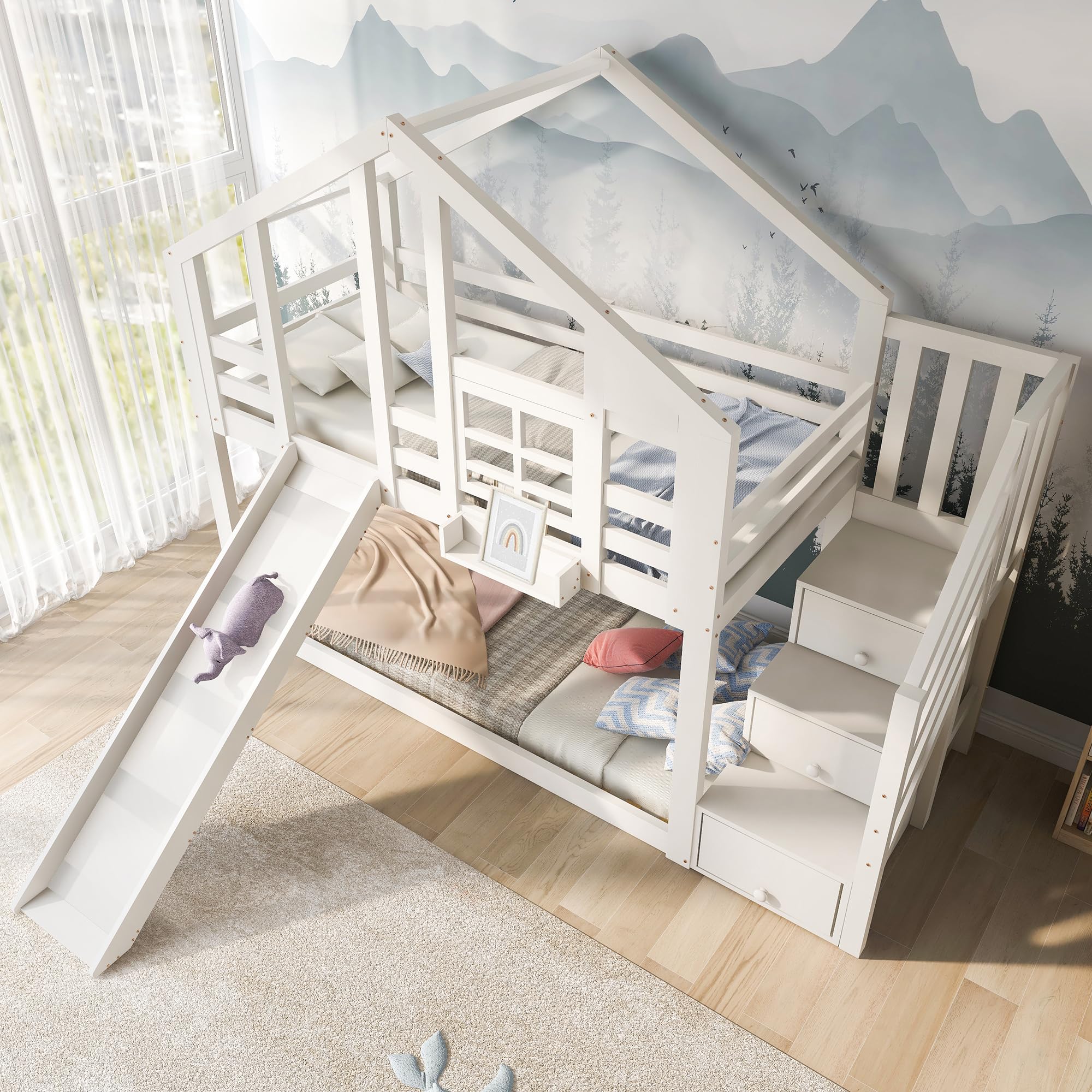 YESGIGA Łóżko dziecięce domek z zjeżdżalnią i drabinką 90 x 200 cm, łóżko piętrowe dla dzieci, łóżko dziecięce z barierką ochronną (z zjeżdżalnią i szufladą)