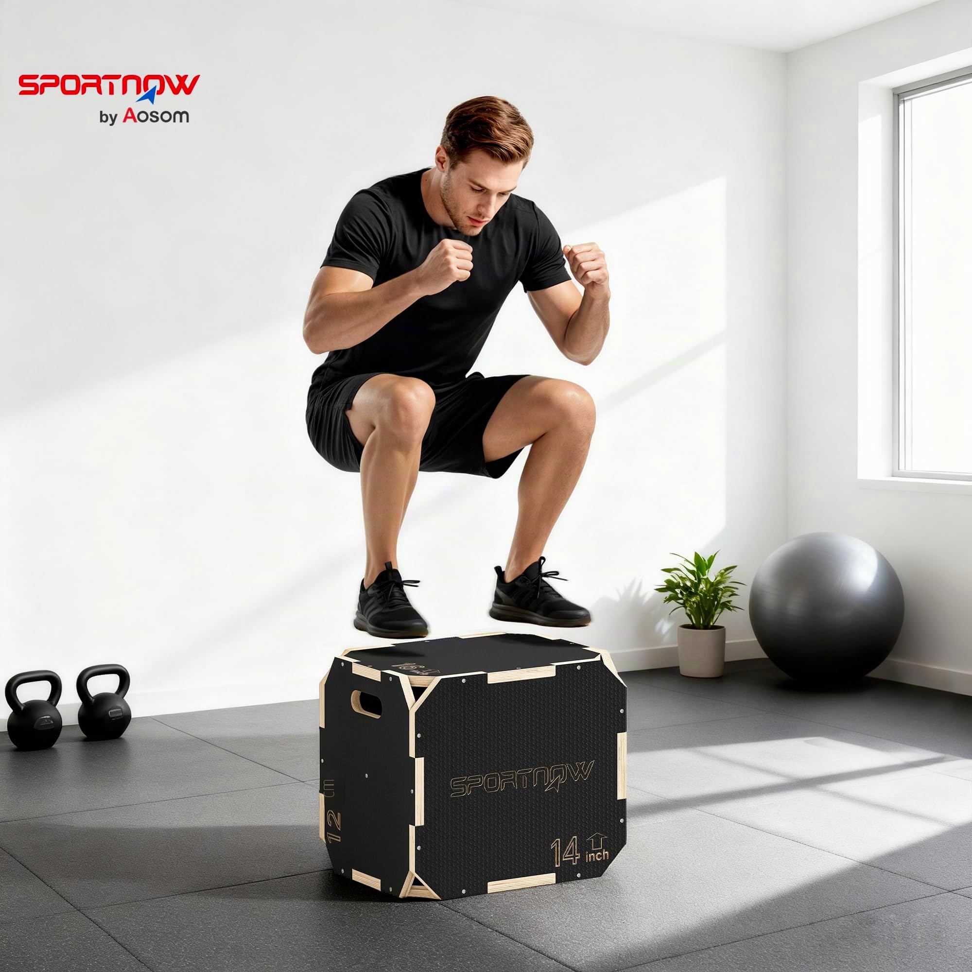 SPORTNOW Cassetto pliometrico in legno 3 in 1, piattaforma in scatola pliometrica con 3 altezze regolabili, manici, senza angoli, allenamento di salto, forza, per casa, palestra ed esterno