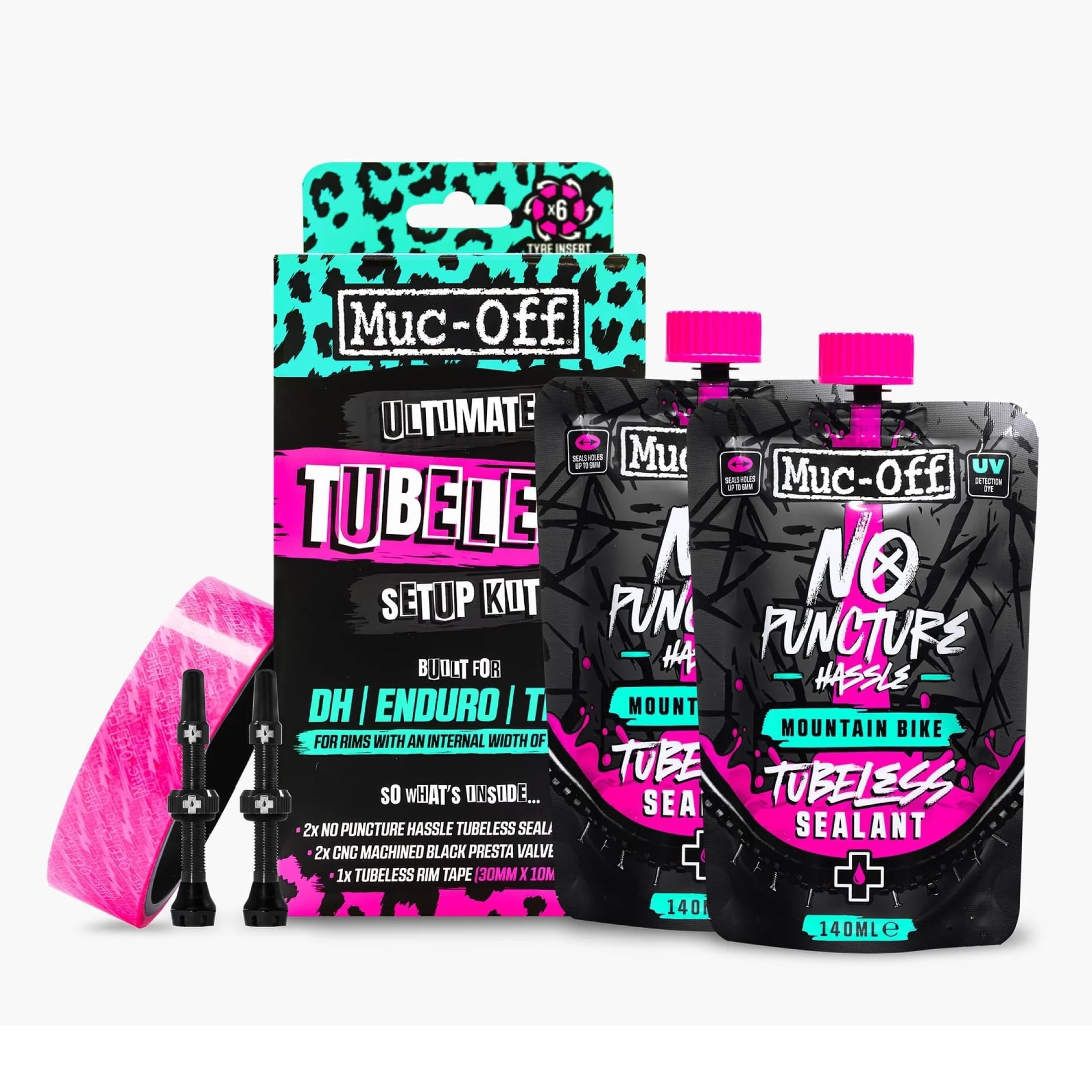 Muc-Off Ultimate Tubeless Setup Kit - Kit Sellador de Neumáticos para Reparación de Rueda de Bicicleta Tubeless, DH Wide - Incluye Fondo de Llanta, Parches, Válvulas y Sellador de Ruedas