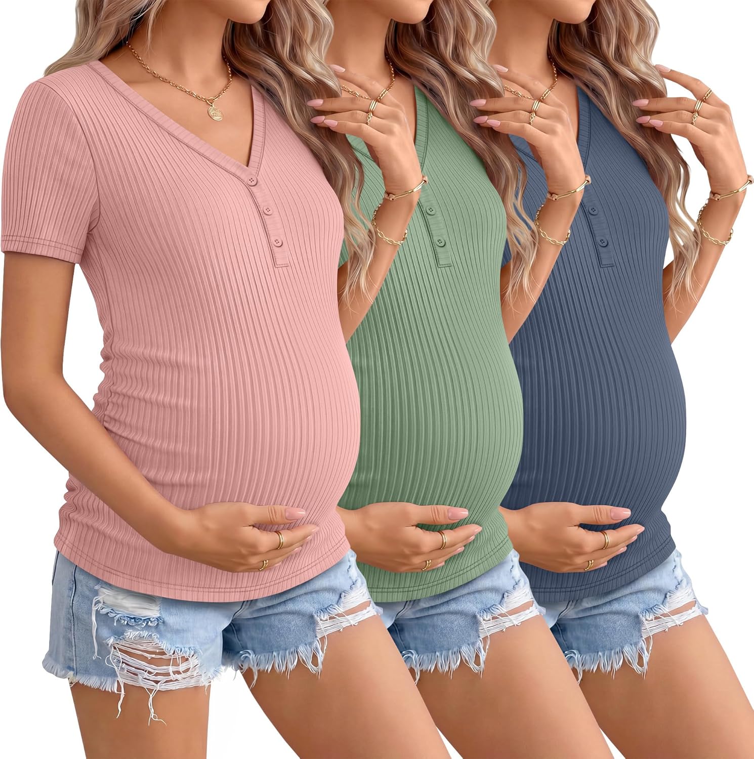 3 Pack Womens Maternity Shirts Short Sleeve Cotton Ribbed V Neck Pregnancy Clothes Casual Henley Side Ruched Tees