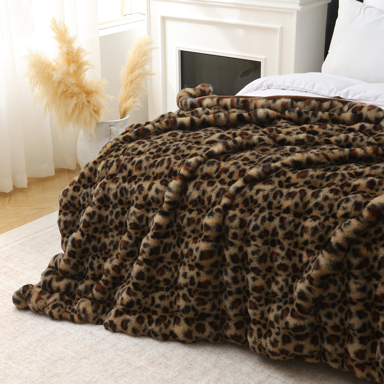 DREAMLANDING Manta Decorativa de Piel Sintética de Conejo de Lujo Felpa Sherpa Reversible Difusa Cálida Acogedora Esponjosa de Piel para Cama Sofá Sillón Decoración del Hogar (Leopardo, 150 x 200 cm)