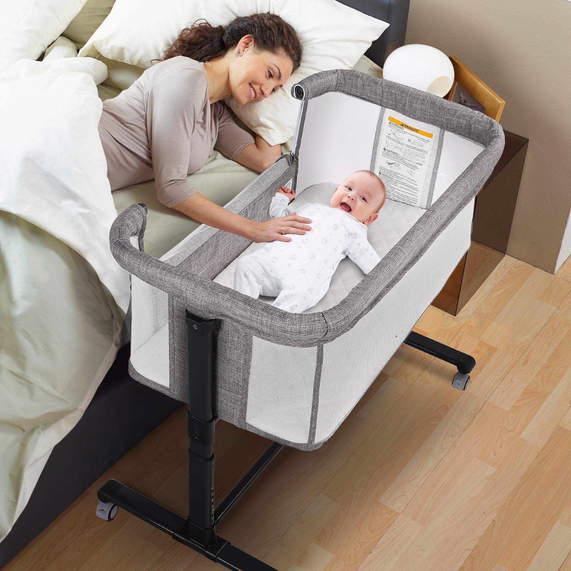Baby Bassinet Bedside Sleeper, 2 in 1 Folding Portable Newborn Bedside Sleeper w/Storage Basket, All-Sided Mesh Infant Travel Crib for Toddlers, 6 Adjustable Height, Comfy Mattress, Grey