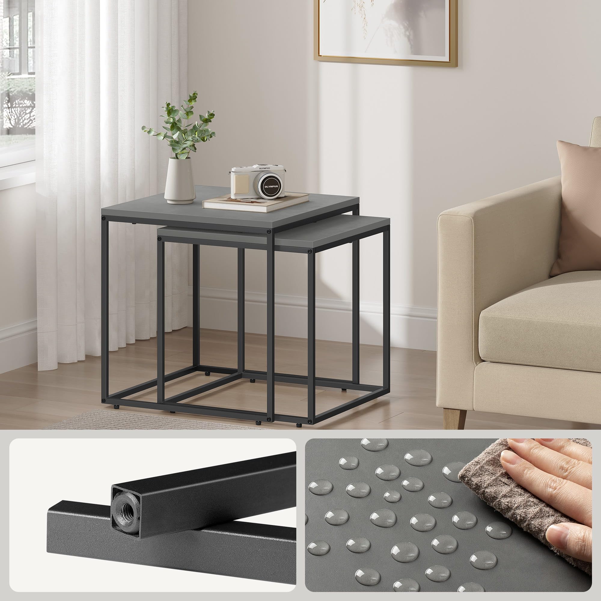 Home Collective Lot de 2 tables basses carrées Loft Design 2 en 1 - Surface résistante aux rayures - Salon - 50 cm et 45 cm de large - Gris ciment avec pieds noirs