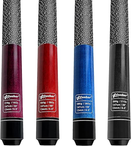 Miniatura 13 de Juego de tacos de billar CUEBAR de 4, palos de 1.47 m de maple de 2 piezas en 4 colores/pesos (18-21 oz) con punta de 13 mm y empuñadura de lino,