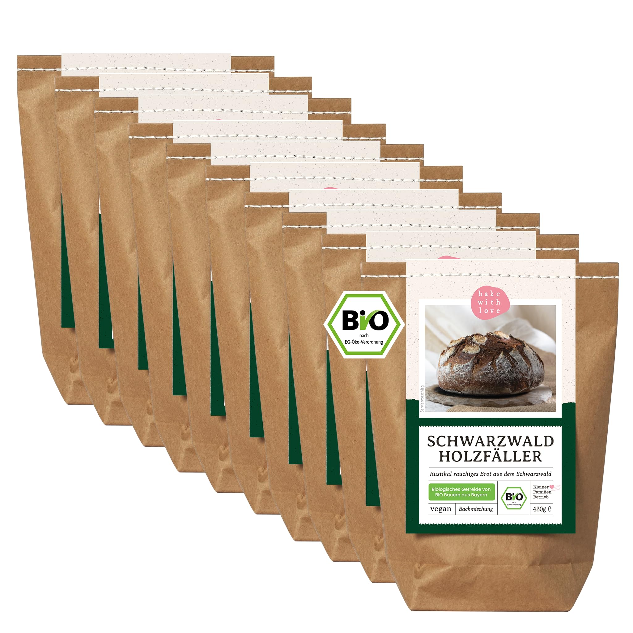 Bio Brotbackmischung Schwarzwald Holzfällerbrot - mit Dinkel, Roggen & Ruchmehl- rustikales Brot mit Holzofen-Aroma - für Brotbackautomat & Ofen - Bake with Love - 10er Pack