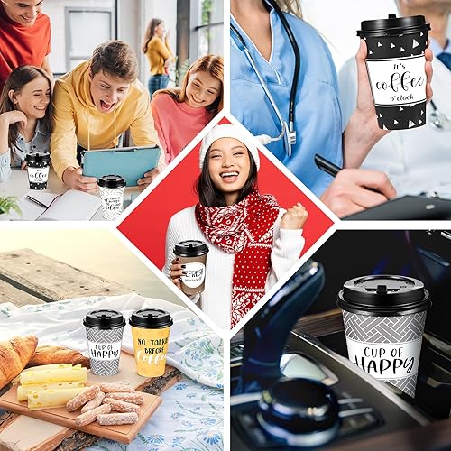 Miniatura 6 de Gerrii Paquete de 100 tazas de café desechables con tapas y pajitas, tazas de papel motivacionales con 6 citas y diseños, tazas calientes