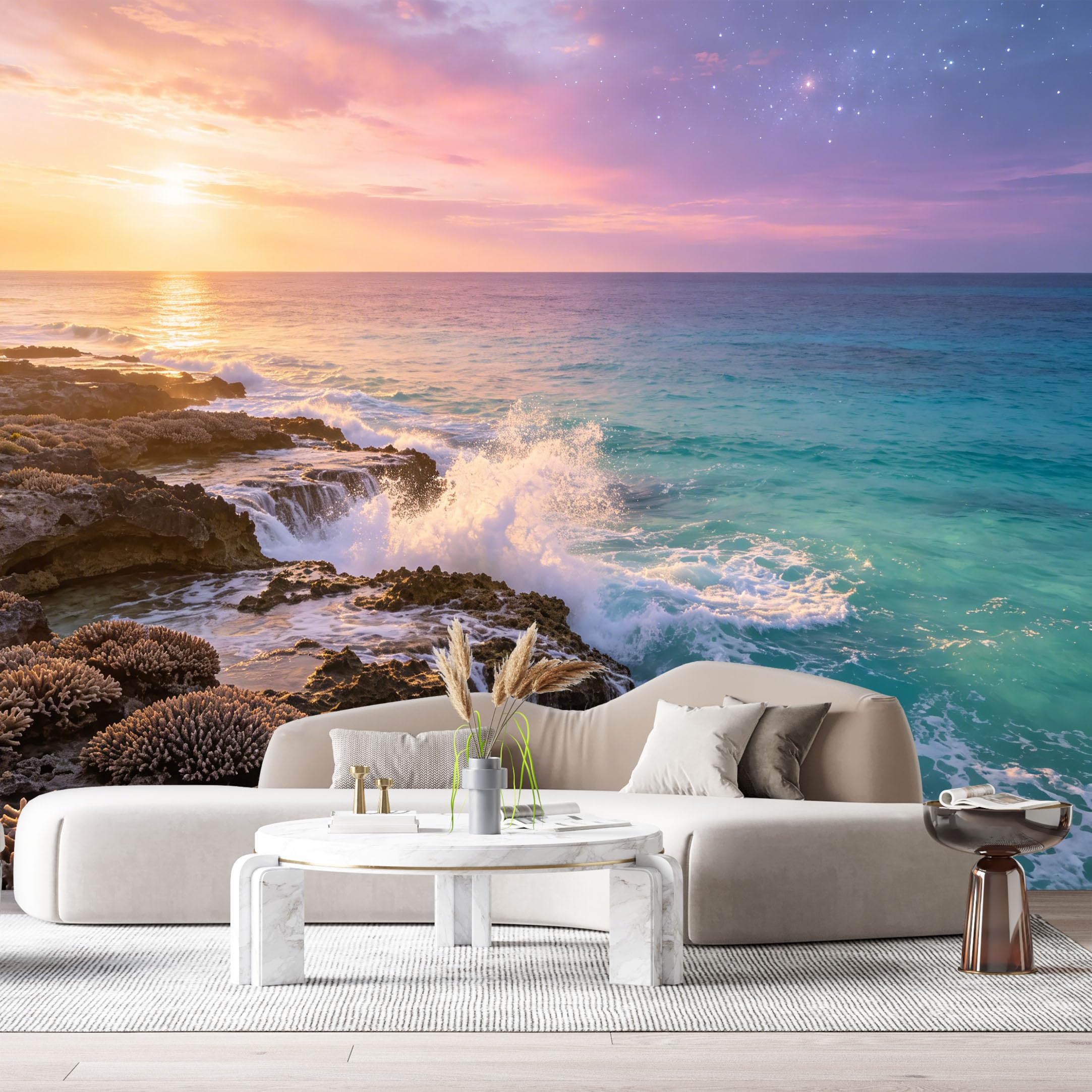 Custom Size Wall Murals Coastal Marine Landscape Sunset Ocean Waves Coral Rocks SelfAdhesive Wall Fabric Removable Large Wallpaper for Photo Living Room