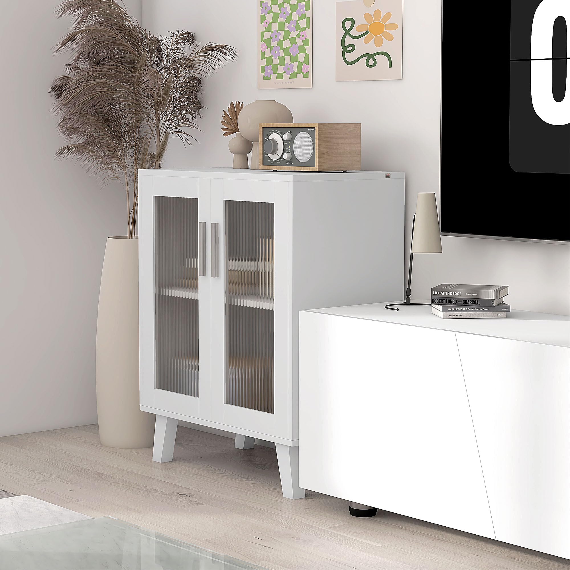 HOMCOM Aparador de 2 Puertas, Aparador de Salón con 2 Estantes, Puertas Transparentes, para Cocina, Entrada, Dormitorio, Blanco, 61x35x75 cm