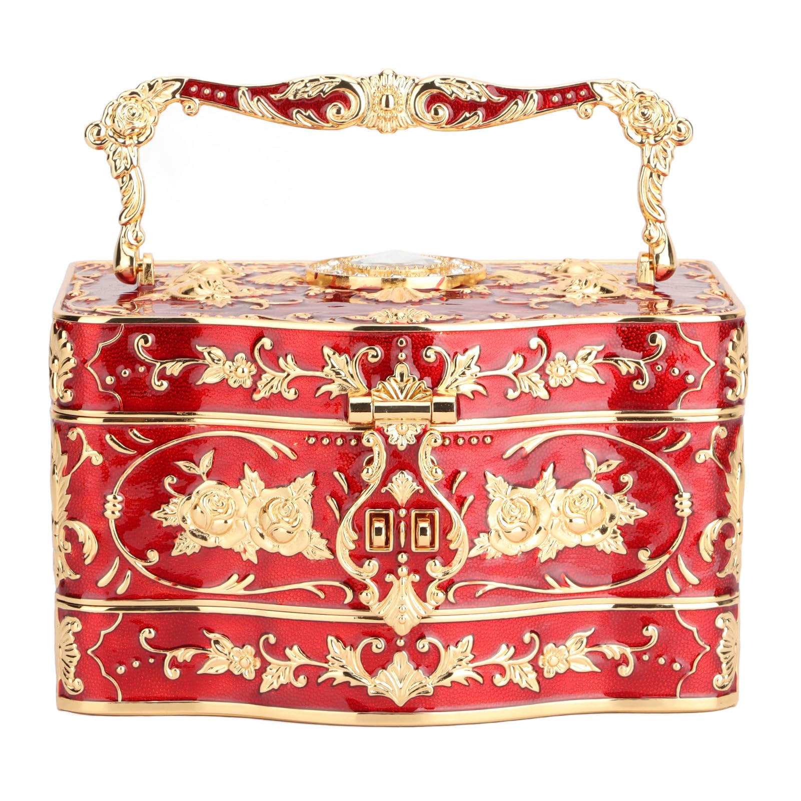 Vintage Trójwarstwowe Pudełko na biżuterię, Emaliowany Organizer na Drobiazgi w Stylu Retro, Organizer Biżuterii z Lustrem, Zamkiem i Kluczem, Idealny do Pierścionków, Kolczyków i