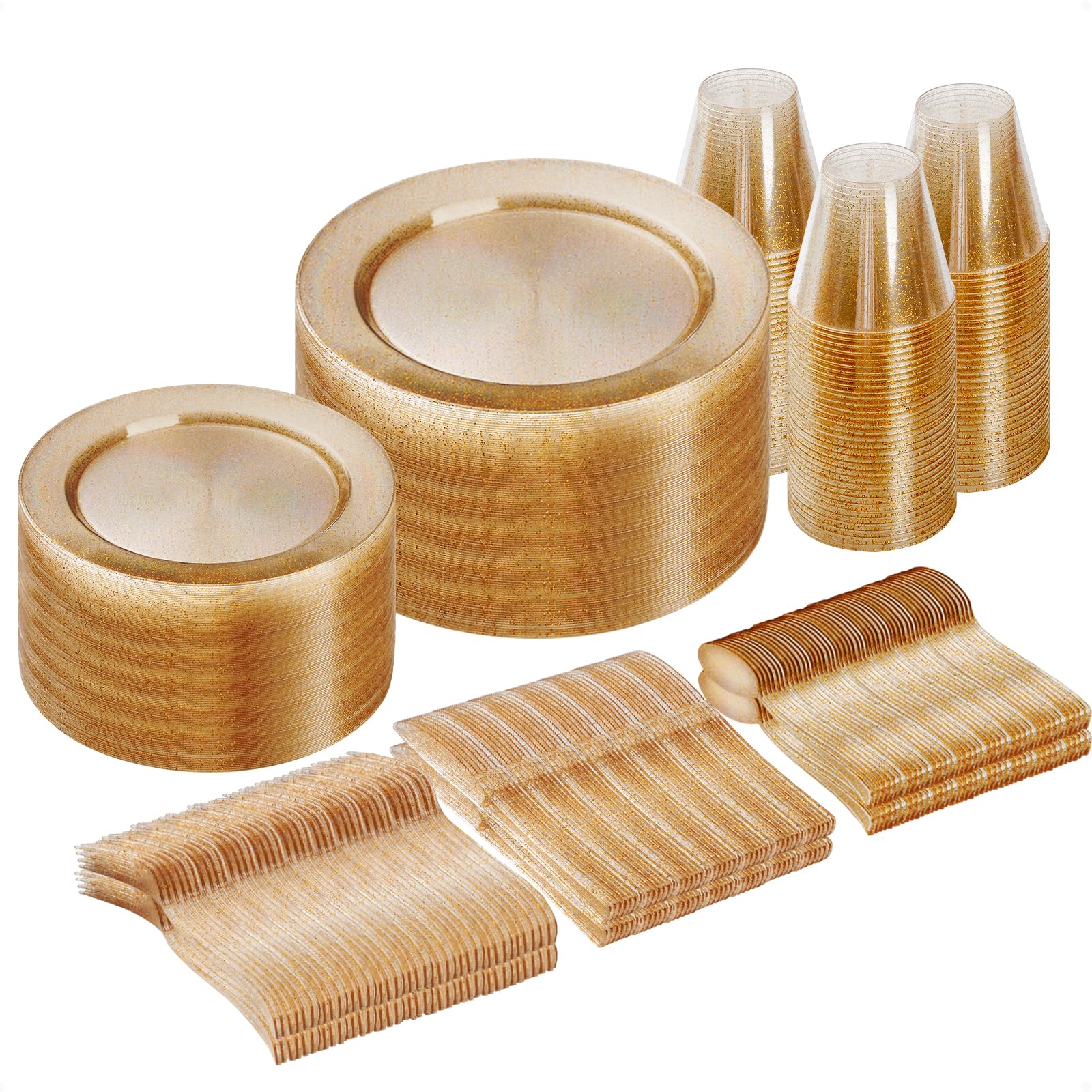 Goodluck 300 Piece Gold Glitter Disposable Plates Set