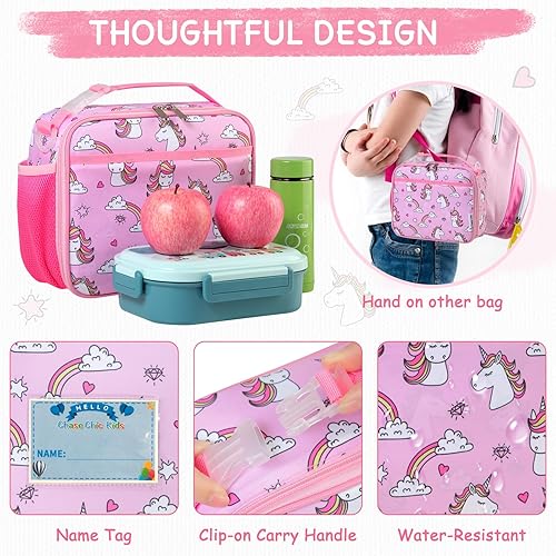 Miniatura 3 de Chase Chic Lonchera con diseño de unicornio, bolsa de almuerzo aislada para niños con asa ajustable con clip para niñas, niños, escuela, picnic,