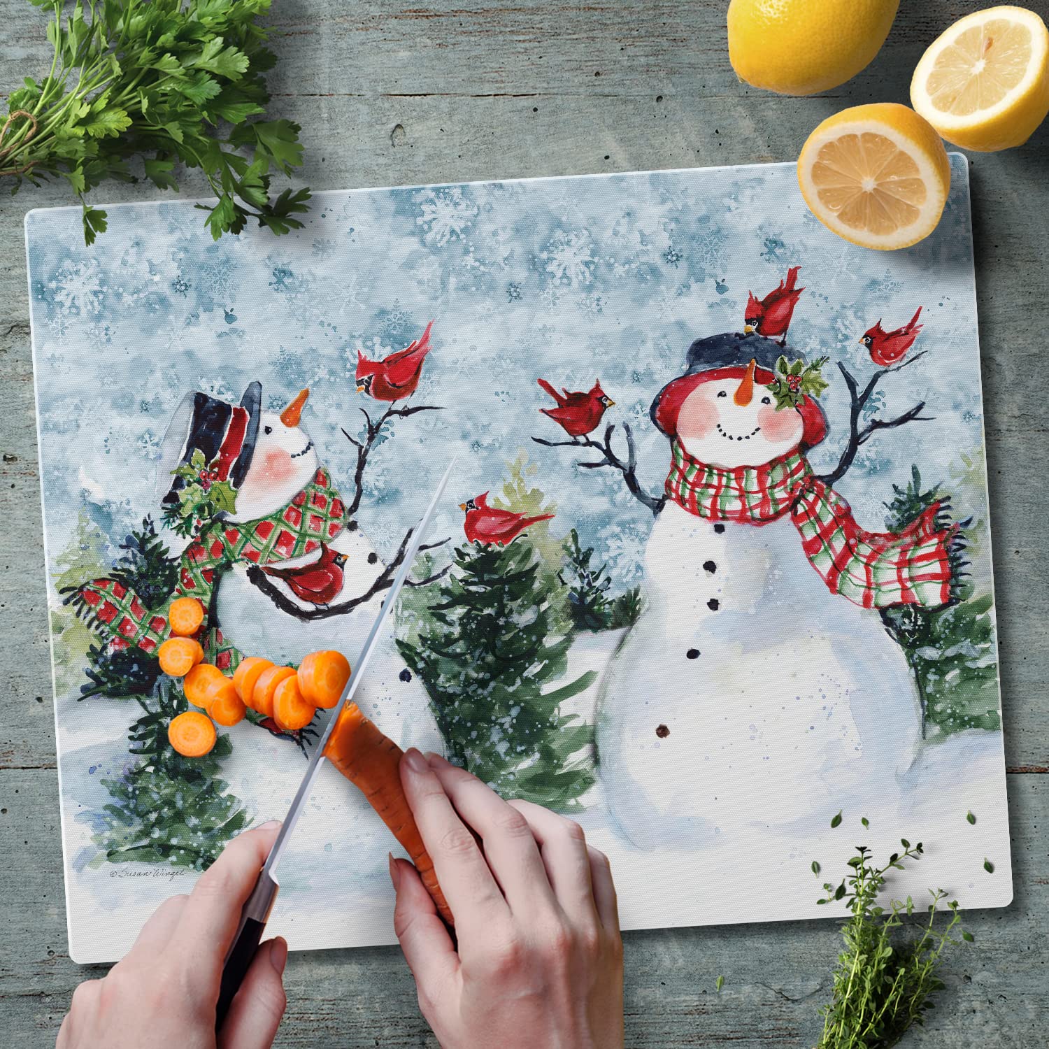 CounterArt Watercolor Snowman 3mm Tempered Glass Cutting Board 15” x 12” Manufactured in the USA Dishwasher Safe Serving Board Charcuterie Board