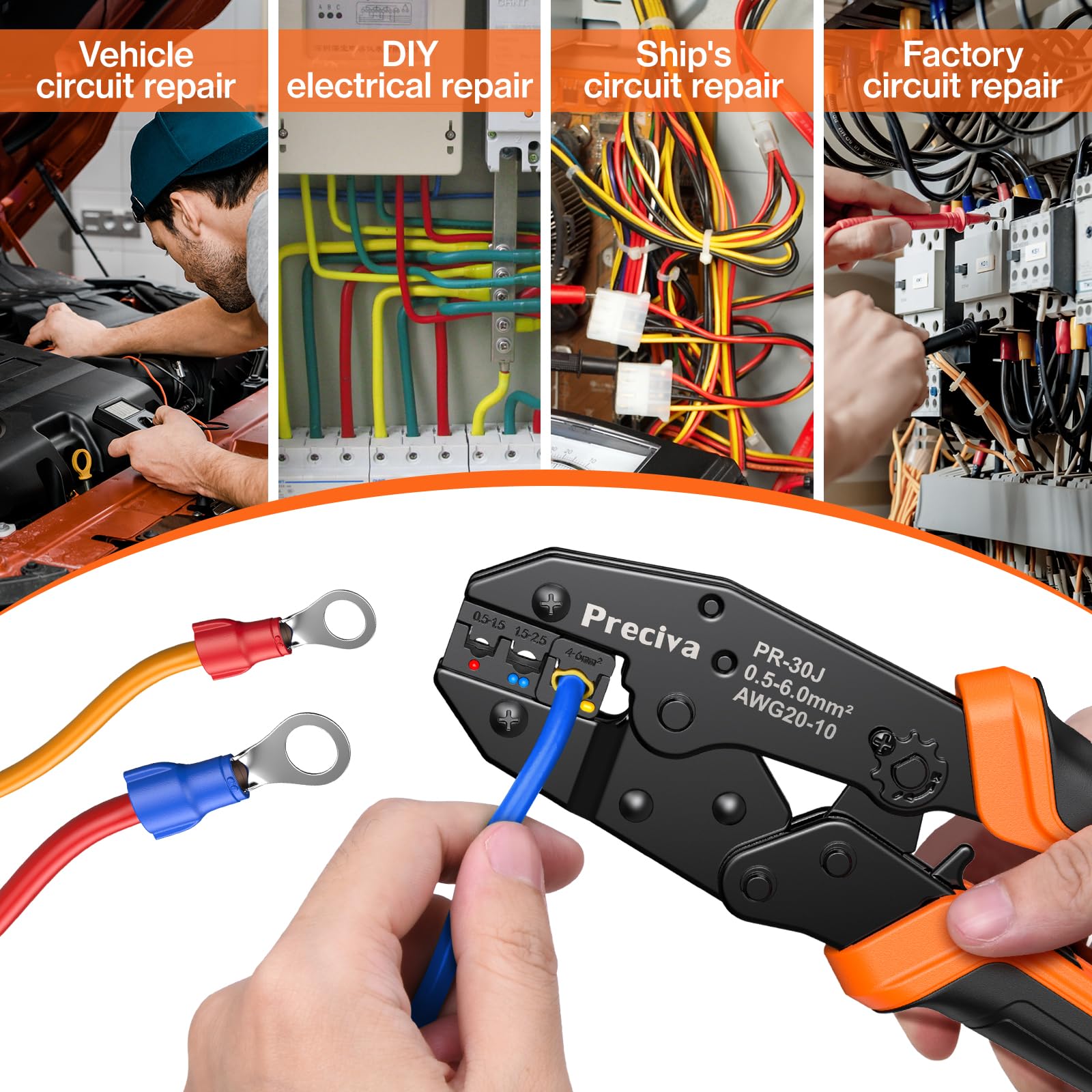 Pince à Sertir, 0.5-6mm² Pince a Sertir à Cliquet avec Boîte, Preciva avec 38 Assortiments 425 Cosses Électriques, 0.5-6m㎡（ AWG20-10）Pince à Sertir Isolée Pour la Maintenance Électrique
