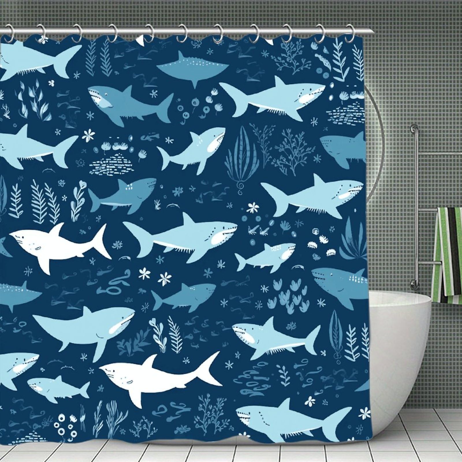 VstaDank Sharksm Shower Curtain Light-Weight Blackout Bathroom Curtain Washable Shower Liner 71x71 Inch Bath Curtain with Metal Holes Bathtub Bath Room