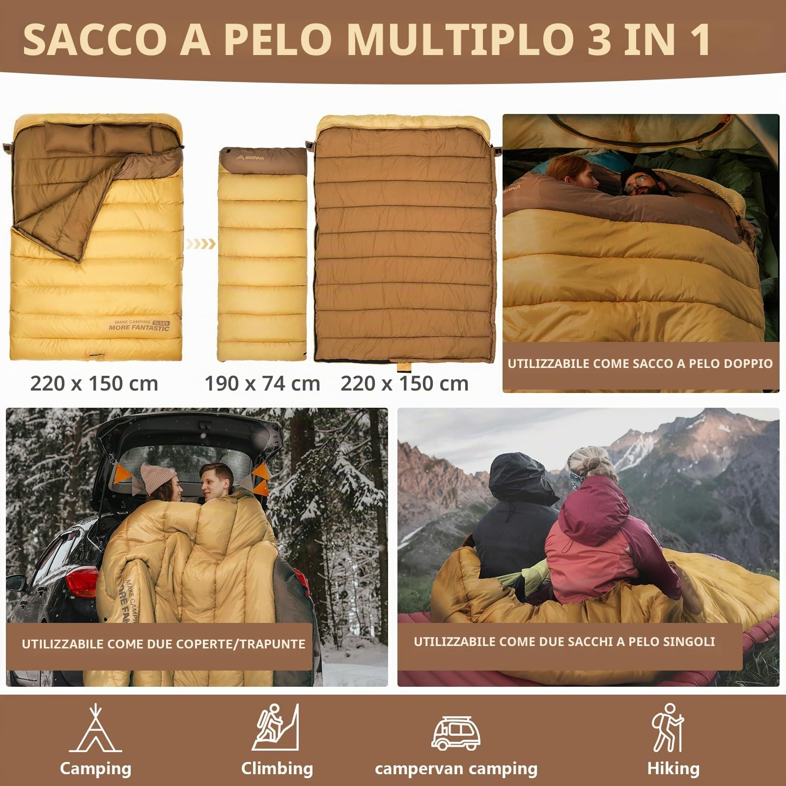 BISINNA Sacco a pelo doppio a 0 gradi per adulti, impermeabile, invernale, con 2 cuscini e un sacco di compressione, per coppie o famiglie, campeggio, caravanning 4.2kg