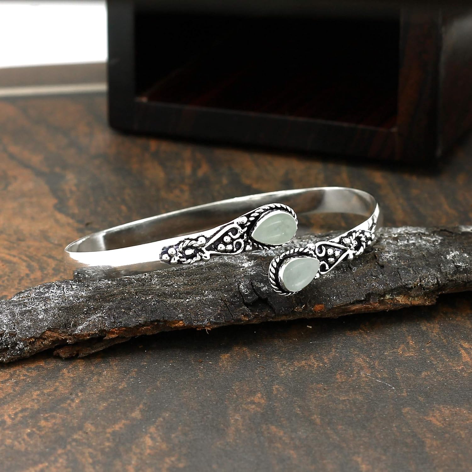 Pear Shape Natural Gemstones Bangle for Women - 925 Sterling Silver Plated Handmade Cuff Bracelet - Birthstone Adjustable Open Bangle Jewelry - Gift for Wedding Anniversaries Valentine's Day Christmas - Image 5