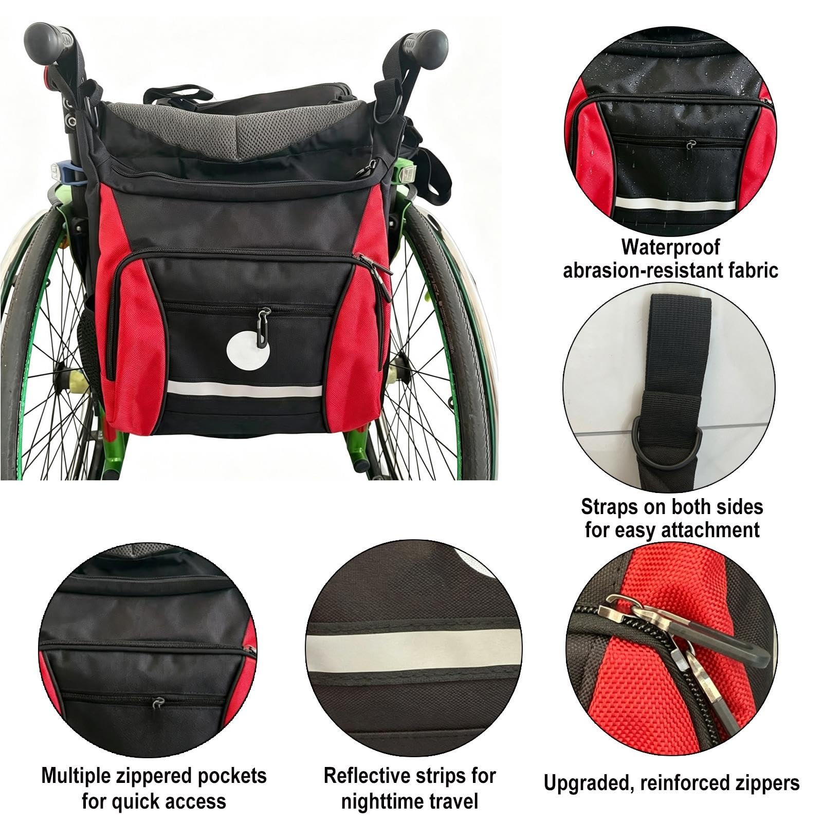 Bolsas para Silla de Ruedas,Bolsa Sillas de Ruedas para la mayoría de andadores,Mochila silla de ruedas con Franja Reflectante para La Mayoría de Cochecitos de Bebé Mobility Scooters